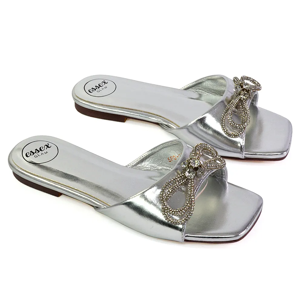 Farah Diamante Bow Square Toe Slip on Flat Summer Sandal Sliders in Gold