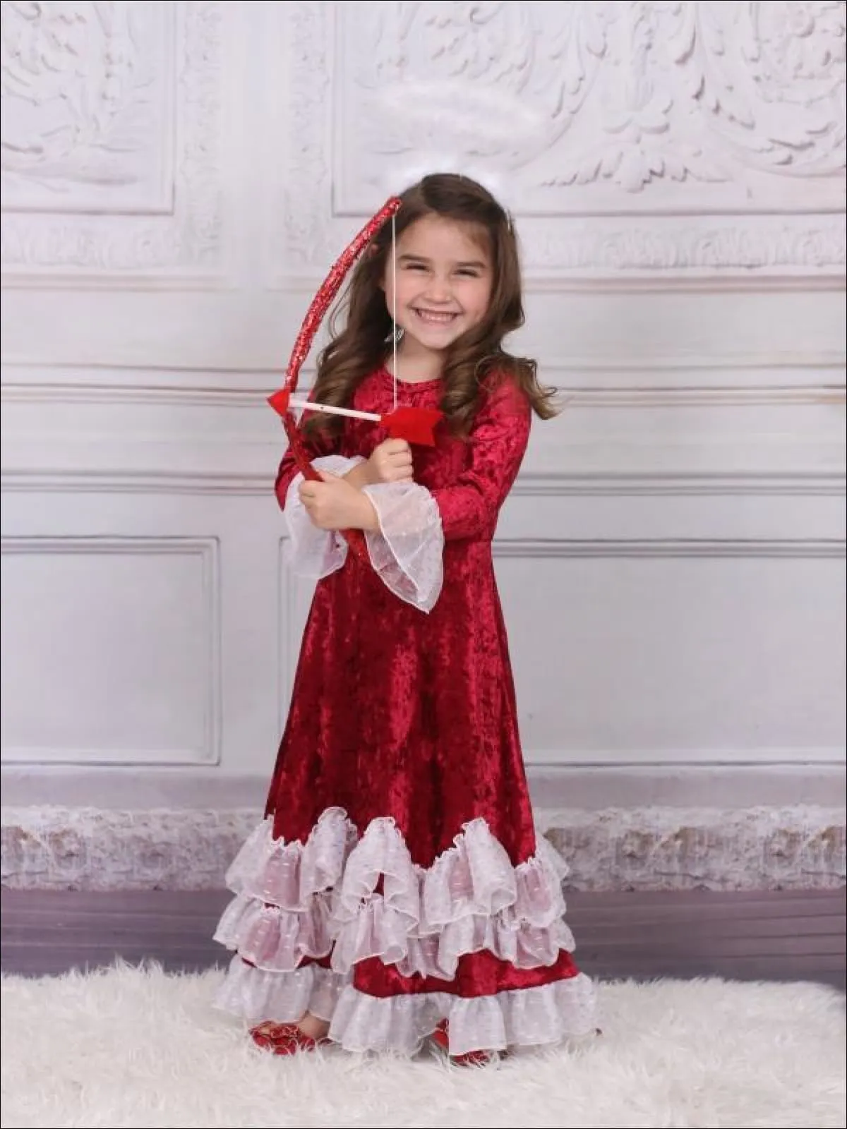 Girls Burgundy Velvet Princess Maxi Holiday Dress with Ruffled Waves