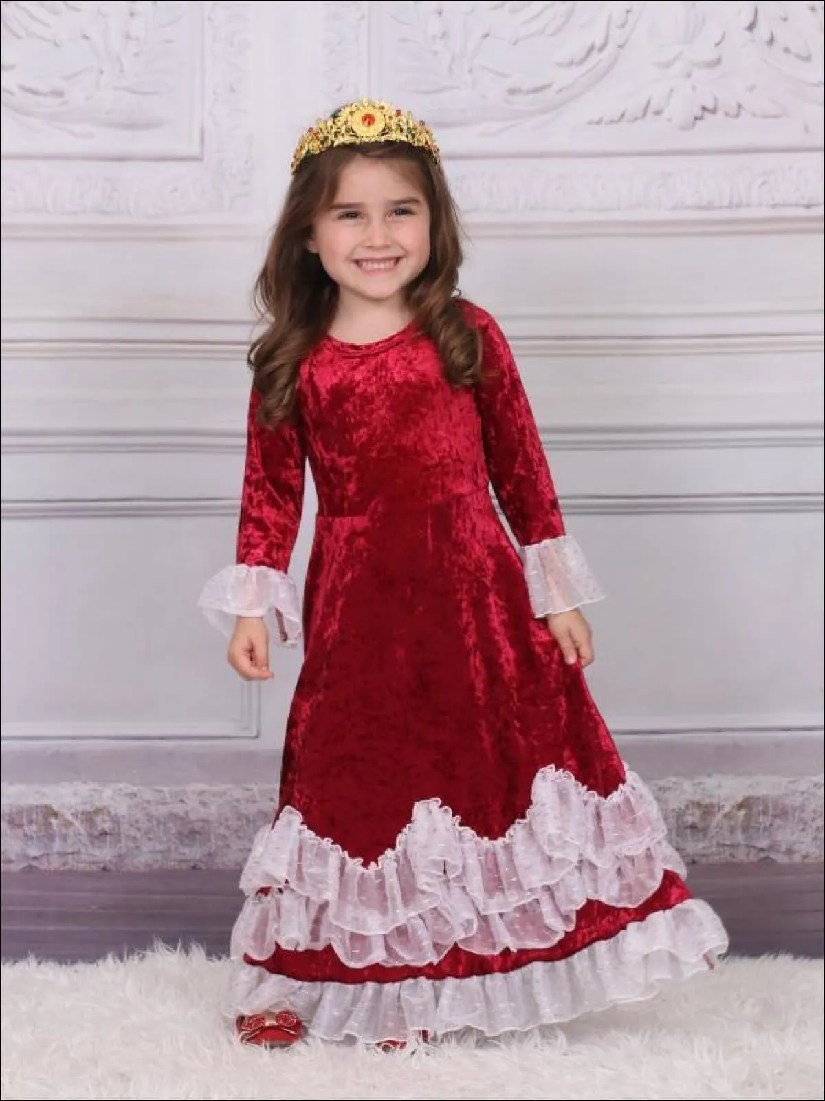 Girls Burgundy Velvet Princess Maxi Holiday Dress with Ruffled Waves