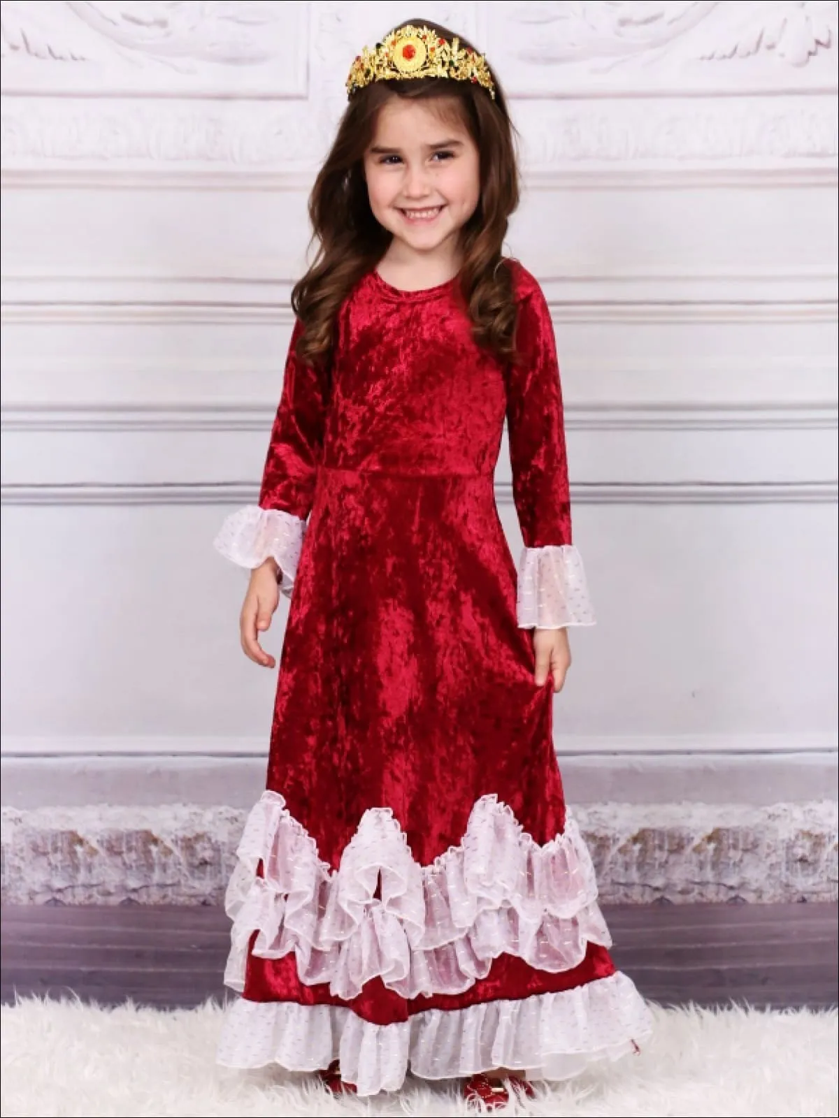 Girls Burgundy Velvet Princess Maxi Holiday Dress with Ruffled Waves