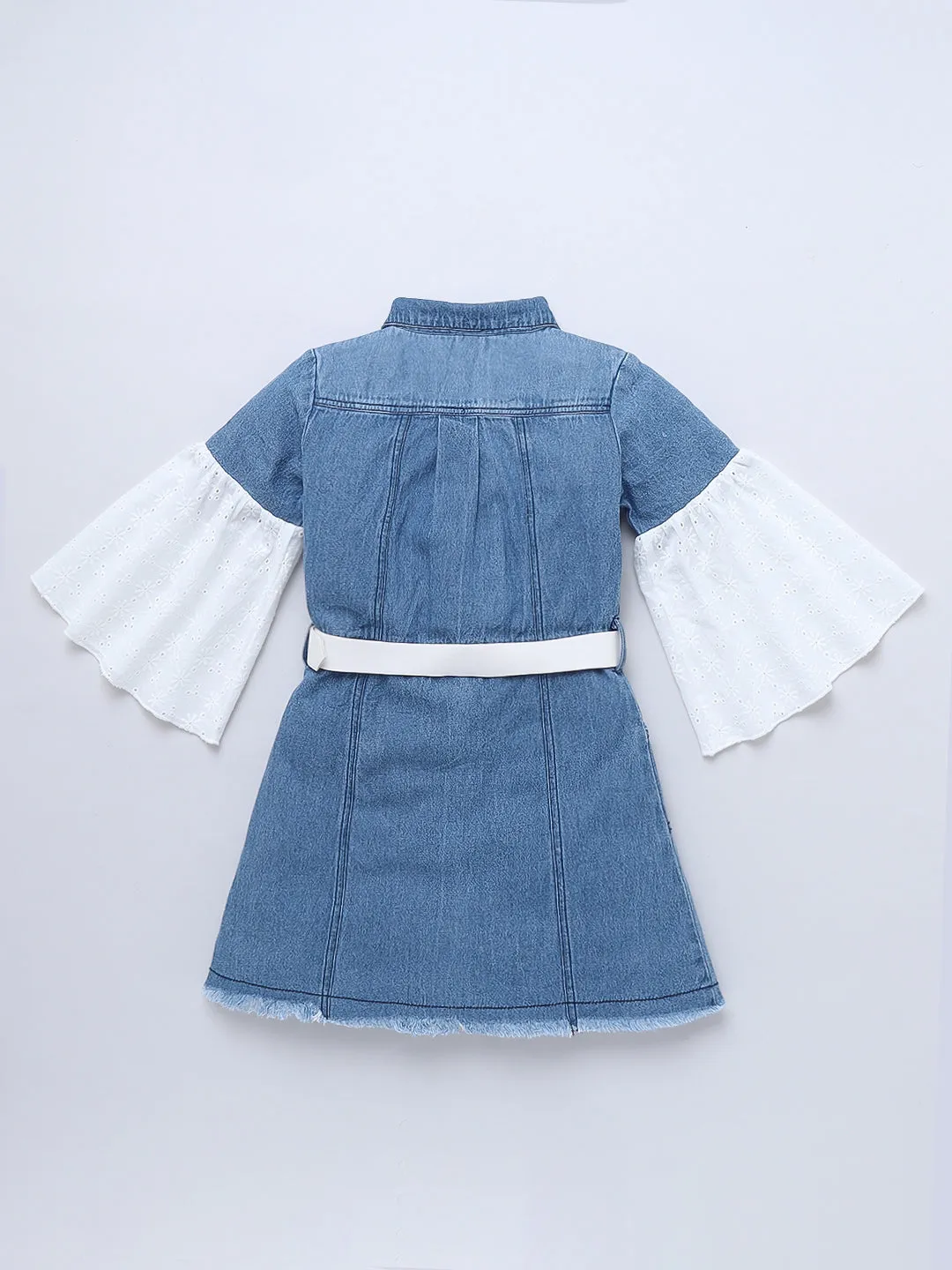 Girls Denim Schiffli Sleeves Dress