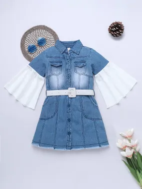 Girls Denim Schiffli Sleeves Dress