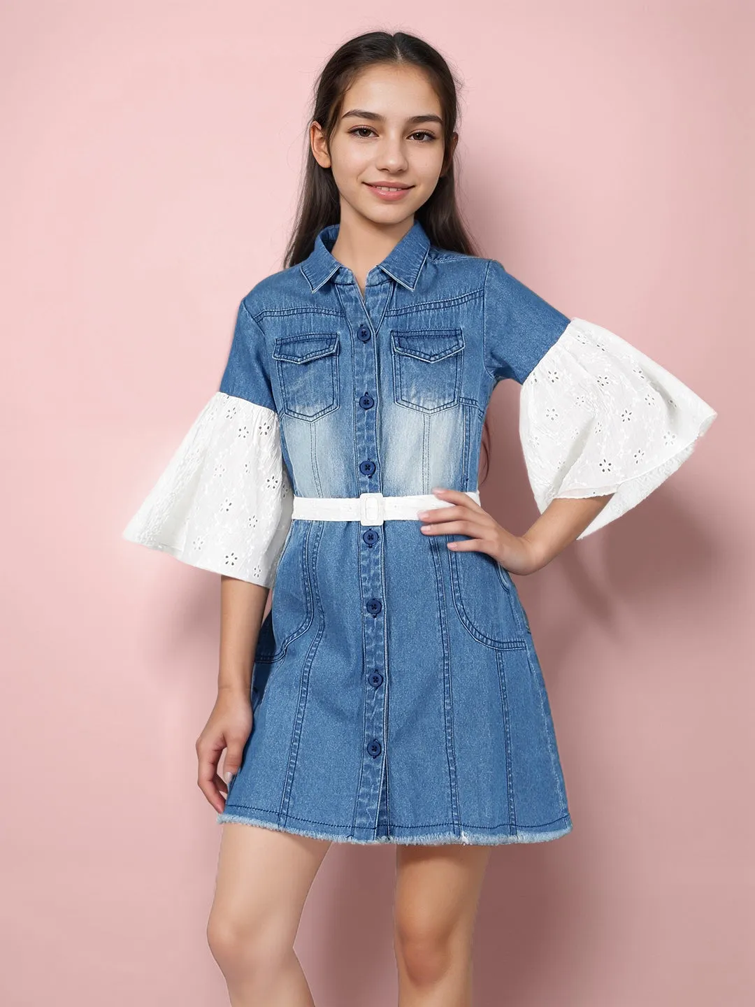 Girls Denim Schiffli Sleeves Dress