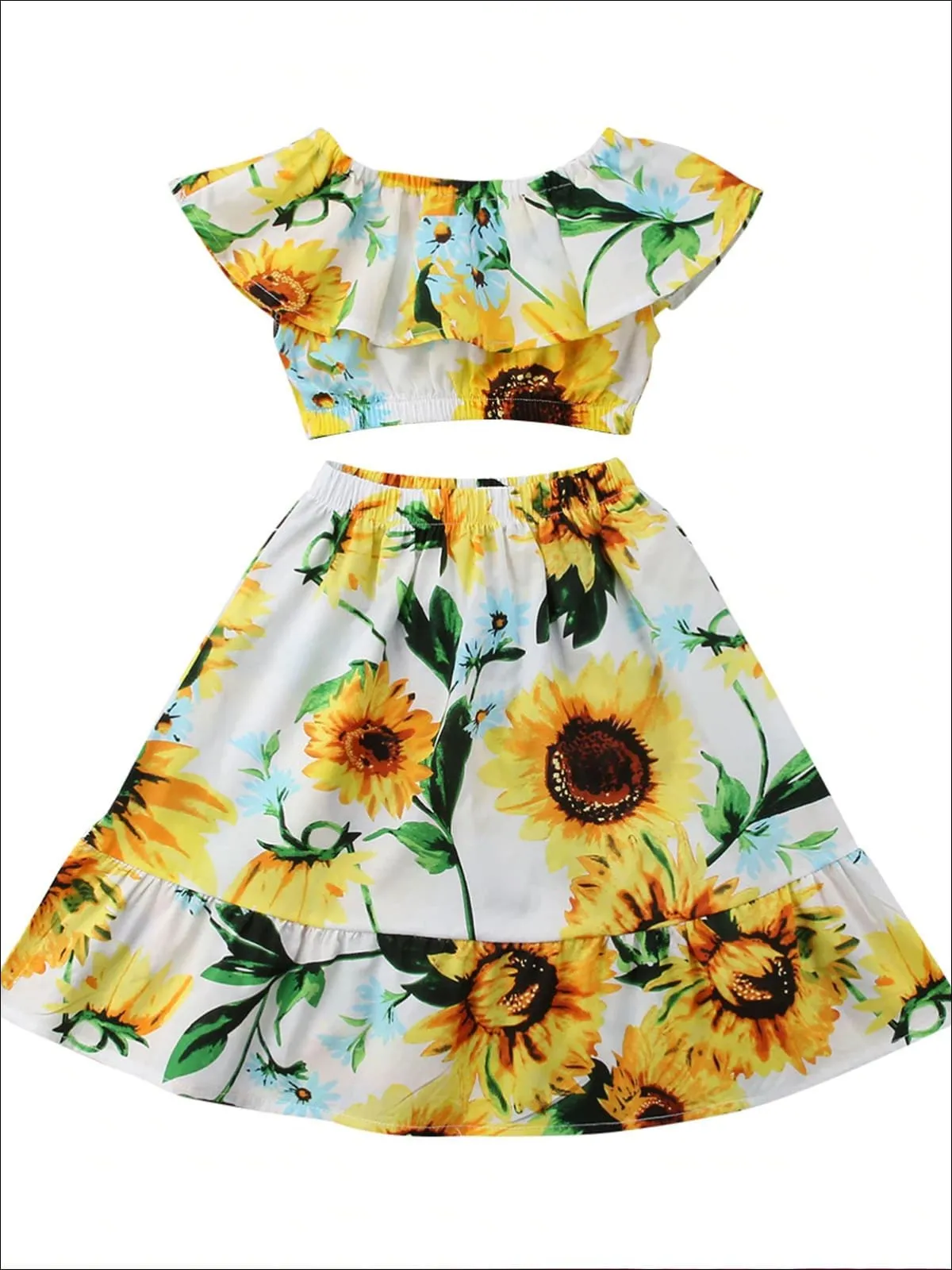 Girls Sunflower Print  Ruffled Off Shoulder Crop Top And Maxi Skirt