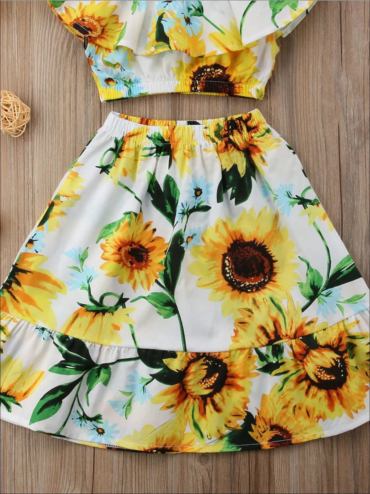 Girls Sunflower Print  Ruffled Off Shoulder Crop Top And Maxi Skirt