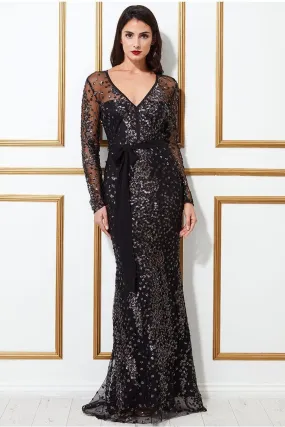 Goddiva Spread On Sequin Maxi Dress With Belt - Black