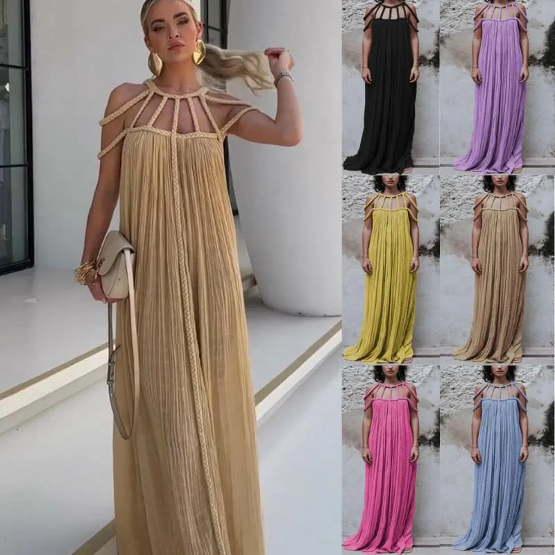 Gold Pleated Maxi Dress with Strappy Neckline for Vacation Loose Fitting