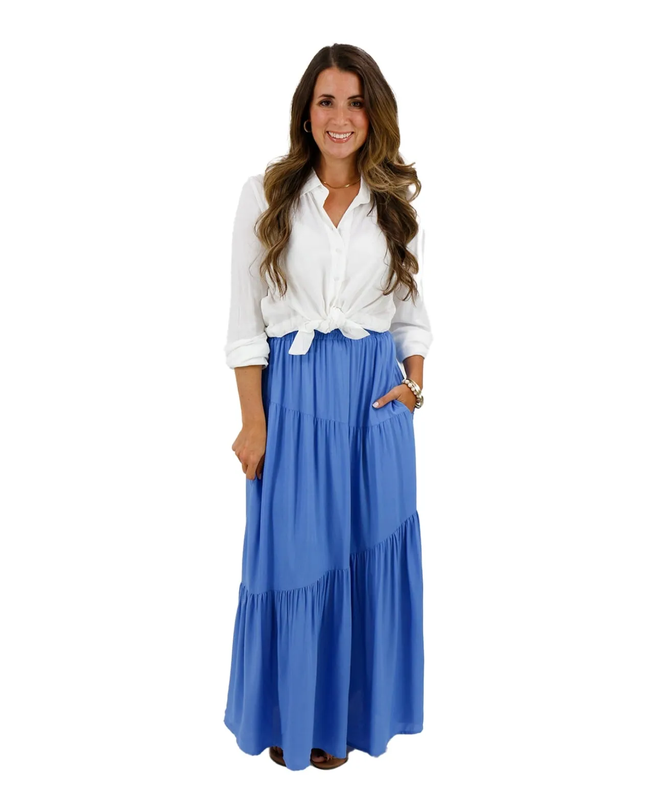 Grace & Lace pocketed tiered maxi skirt in cornflower blue