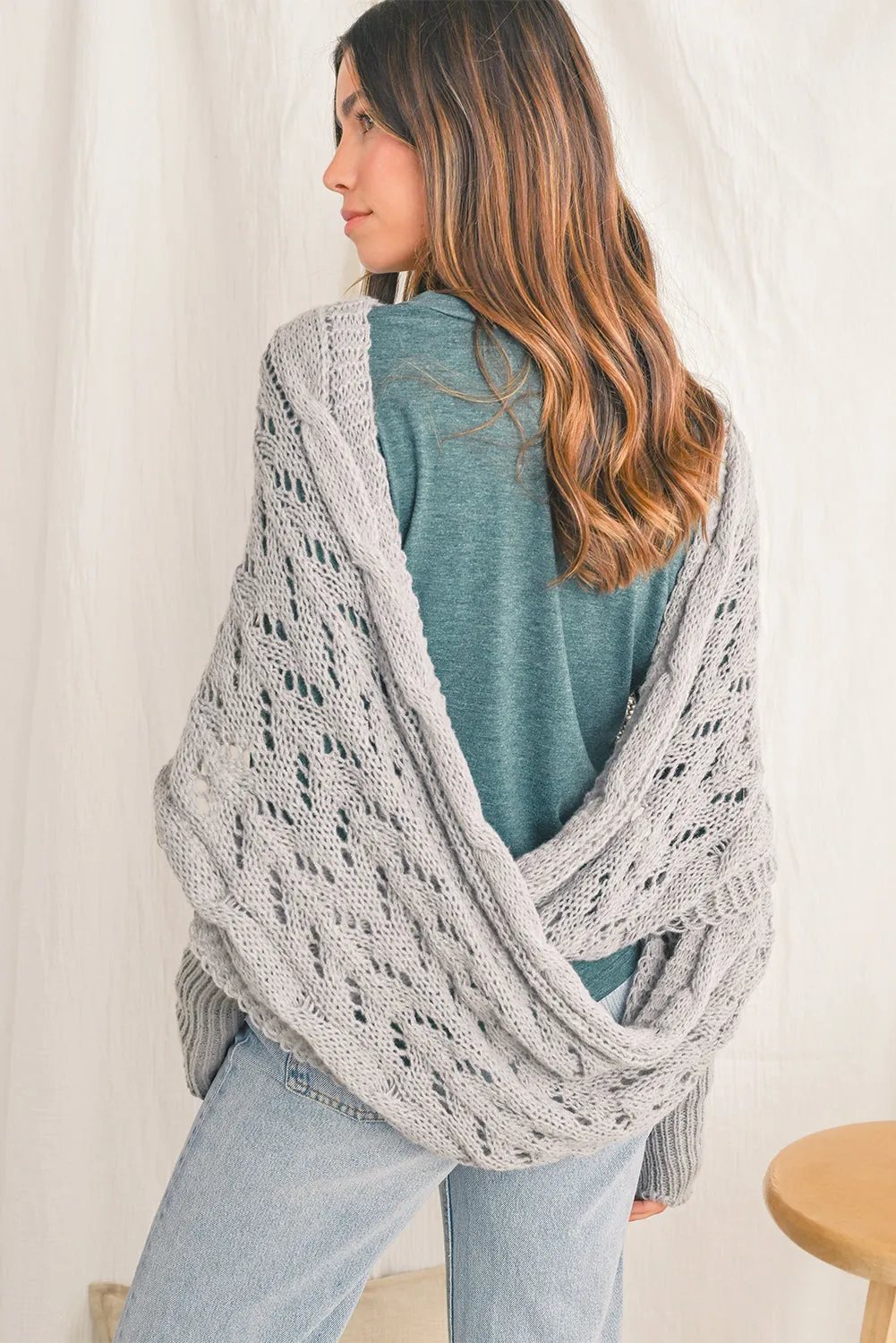 Gray Cross Detail Hollowed Knit Scarf with Sleeves