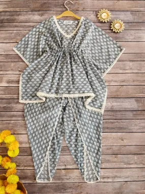 Grey Block Print Kaftan & Dhoti Pant Set For Kids