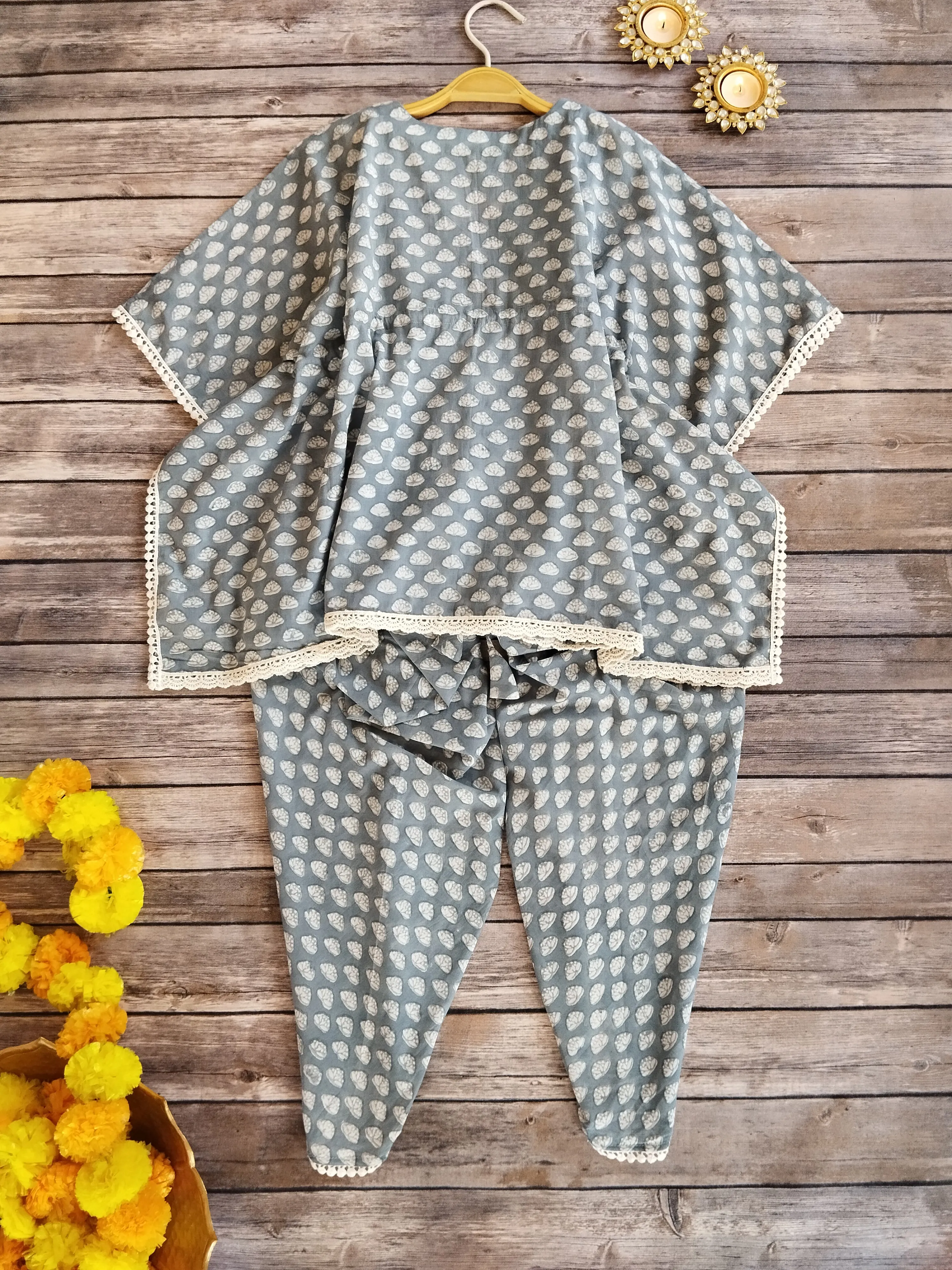 Grey Block Print Kaftan & Dhoti Pant Set For Kids