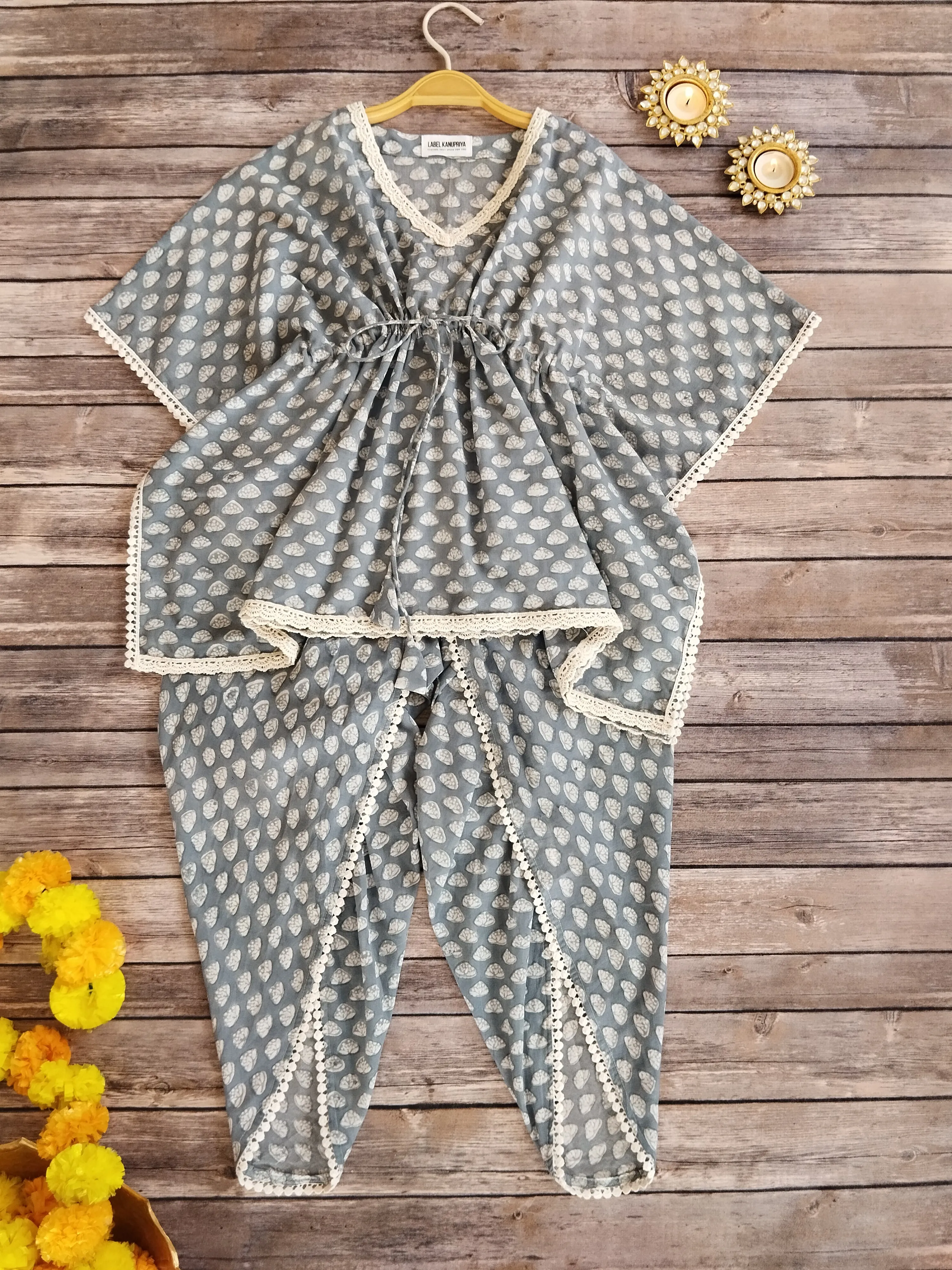 Grey Block Print Kaftan & Dhoti Pant Set For Kids