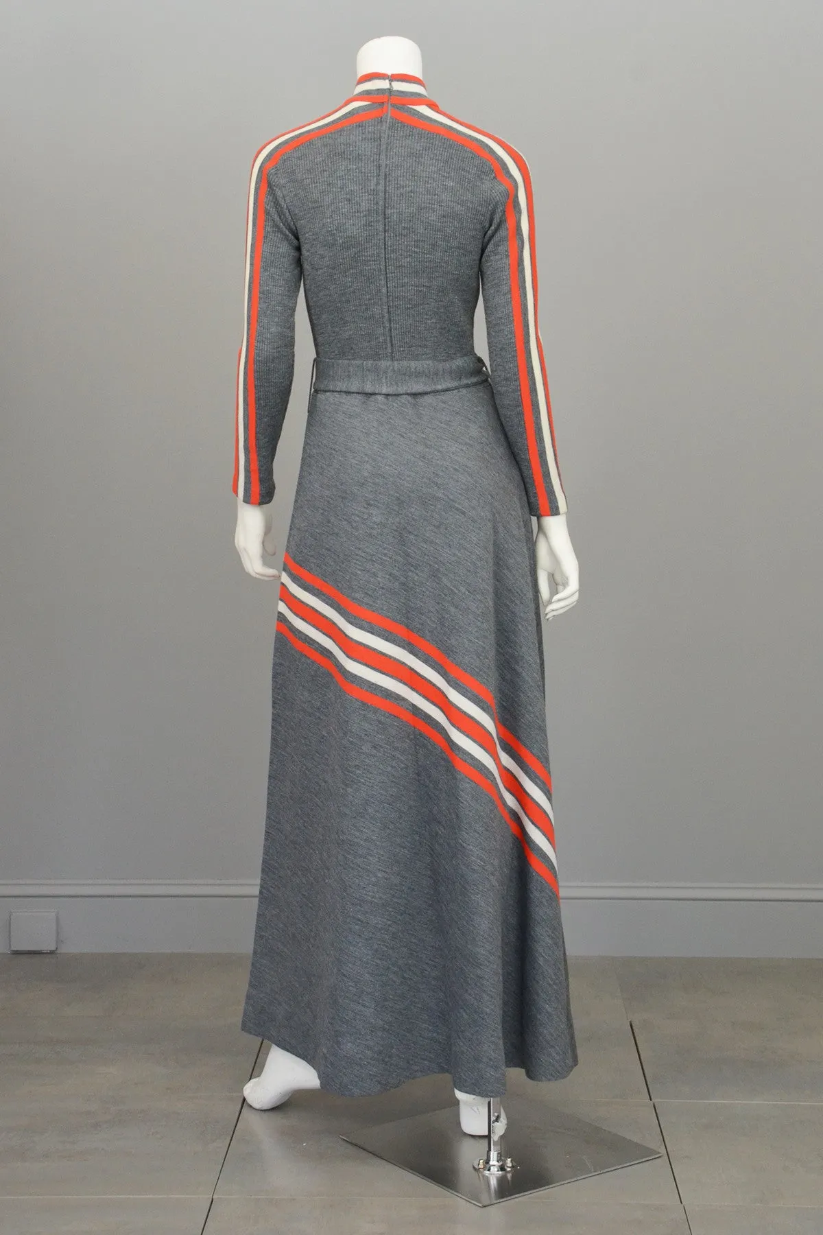 Groovy 1970s MOD Grey and Vermilion Red Striped Knit Maxi Dress by Arbe Made in Italy