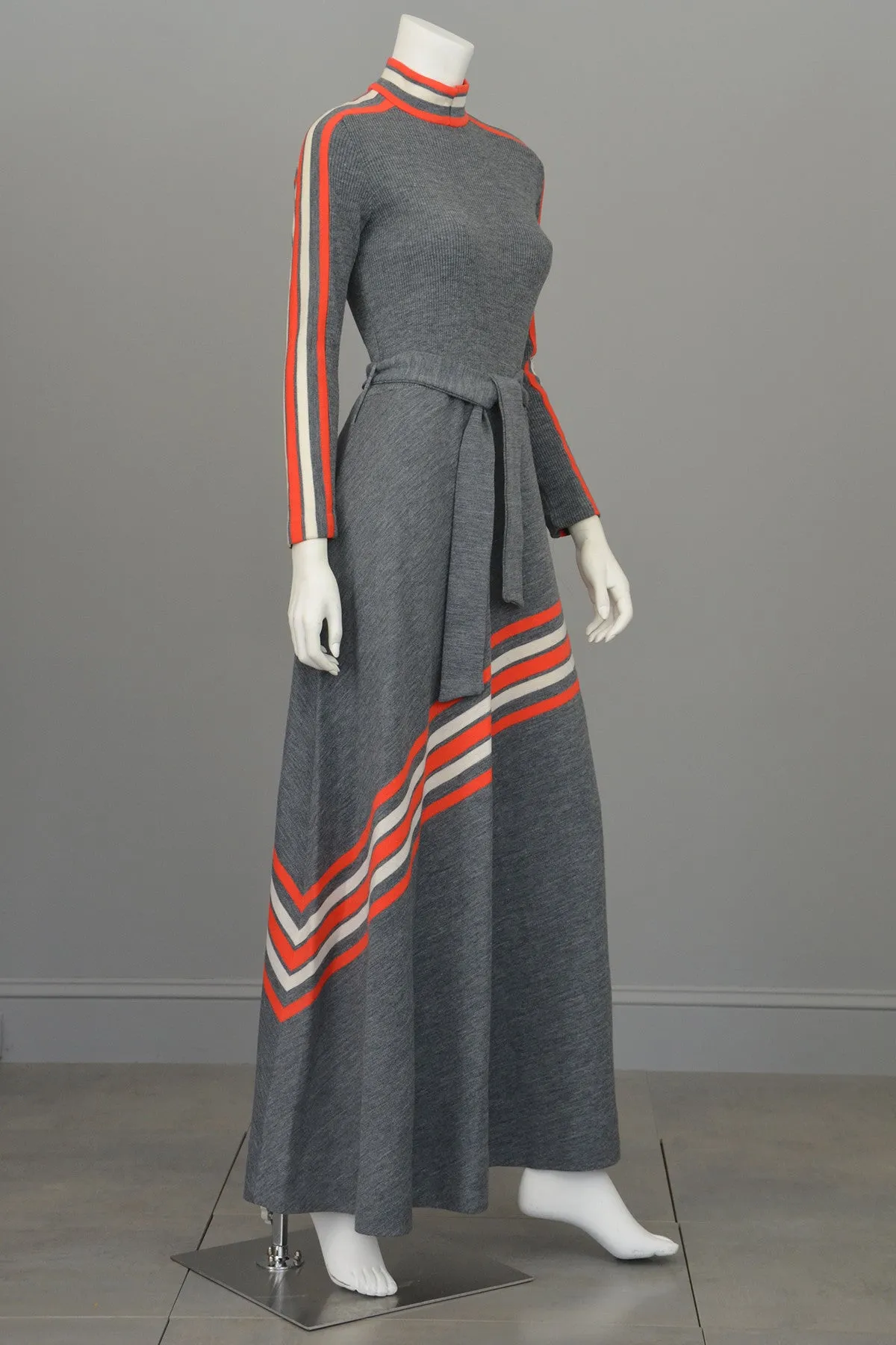 Groovy 1970s MOD Grey and Vermilion Red Striped Knit Maxi Dress by Arbe Made in Italy