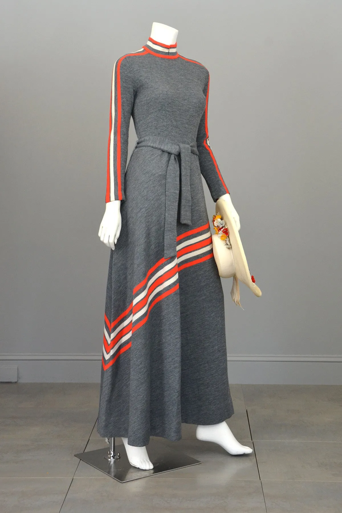 Groovy 1970s MOD Grey and Vermilion Red Striped Knit Maxi Dress by Arbe Made in Italy