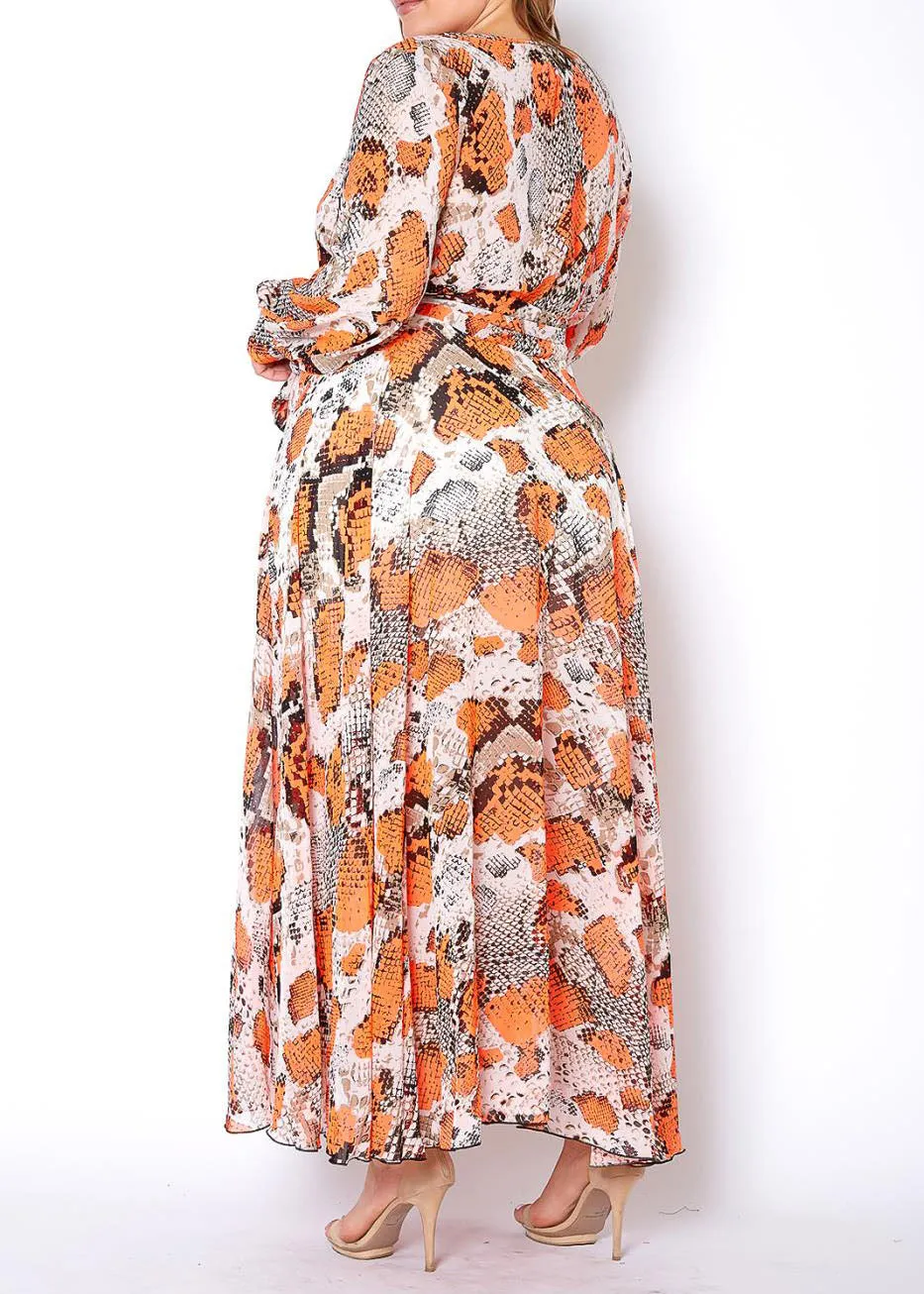 Hi Curvy Plus Size Women Orange Snakeskin Chiffon Maxi Dress