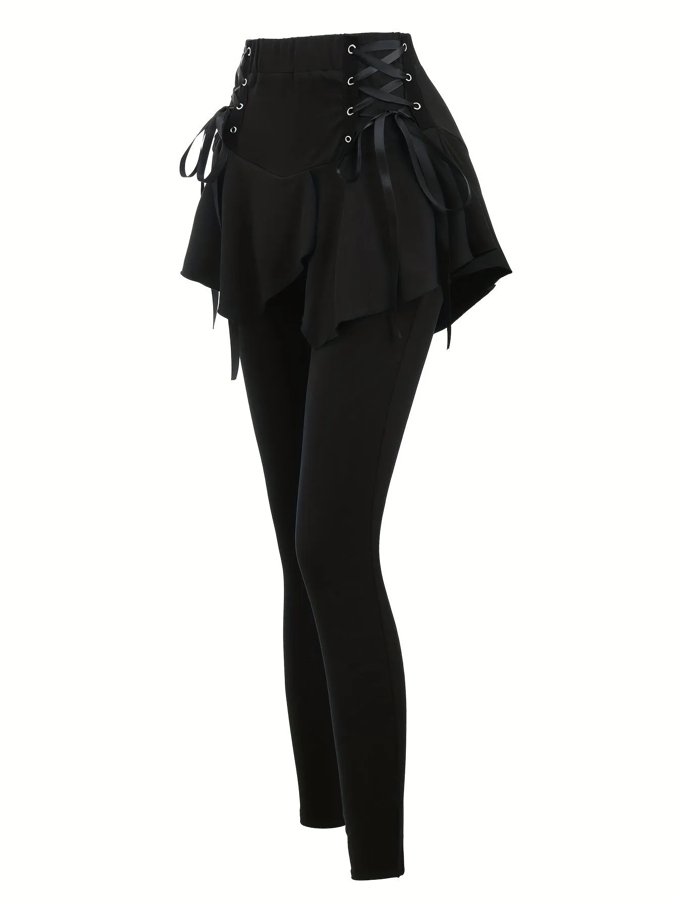 High Waist Asymmetrical Ruffle Hem Tie Side Skinny Pants for Everyday Wear, Women's Casual Solid Color High Waist Pants