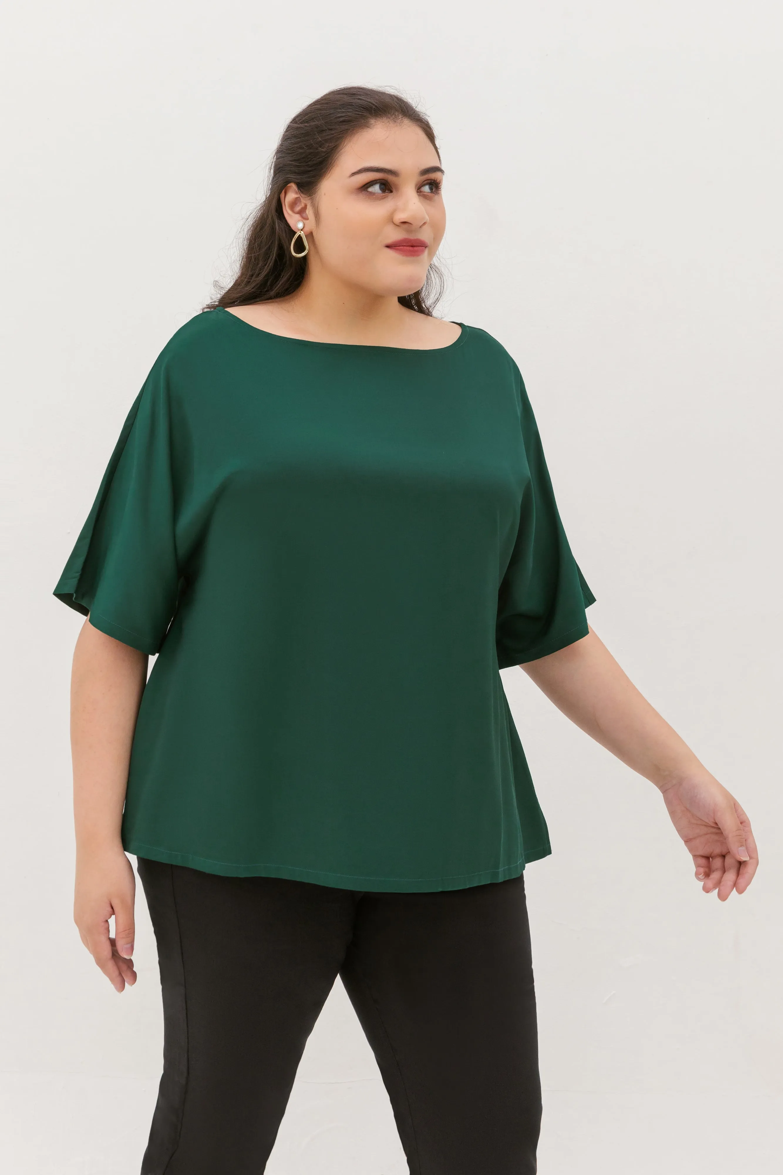 Isla Boat-Neck Flare Sleeve Blouse In Emerald Green