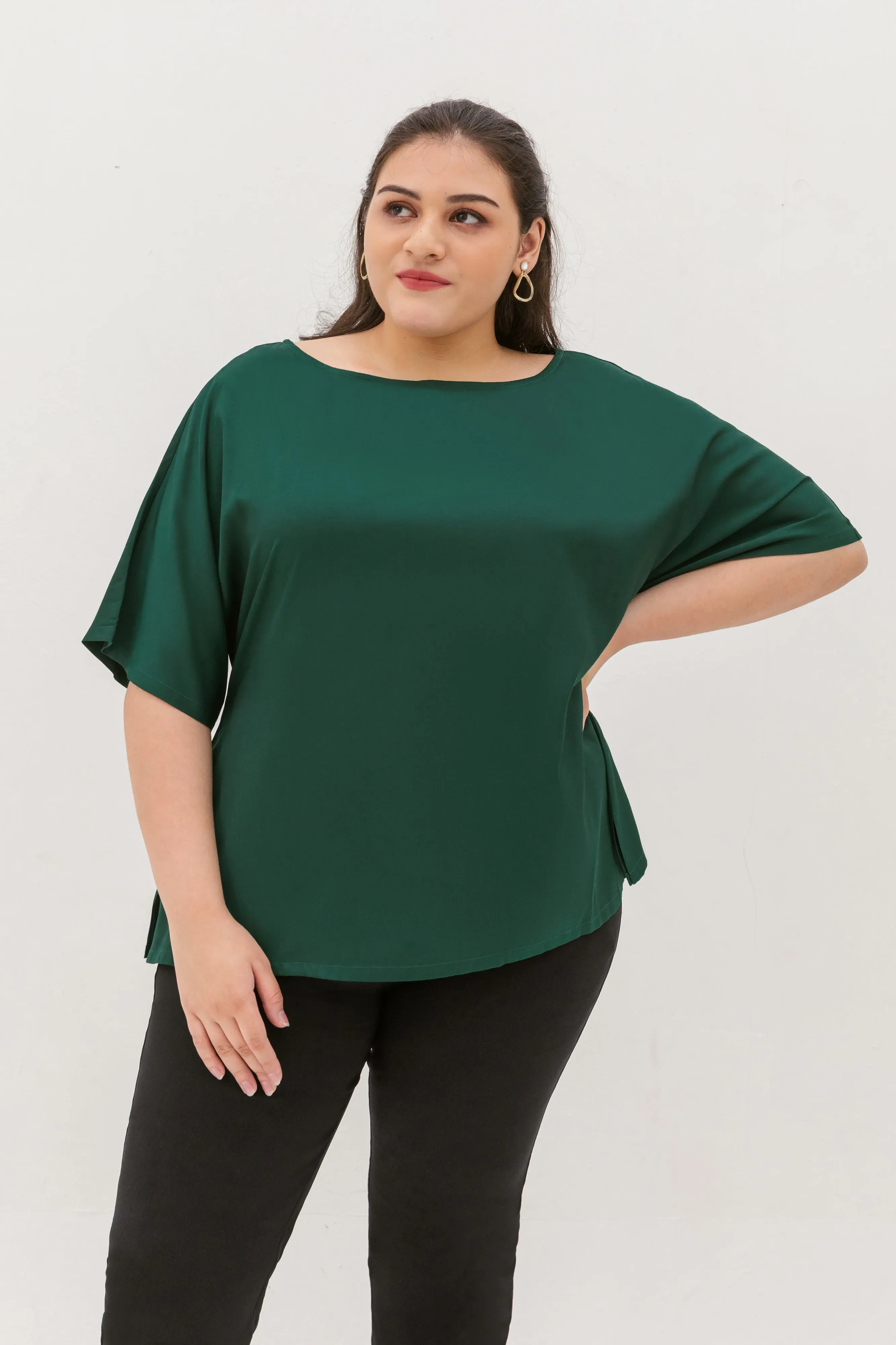 Isla Boat-Neck Flare Sleeve Blouse In Emerald Green