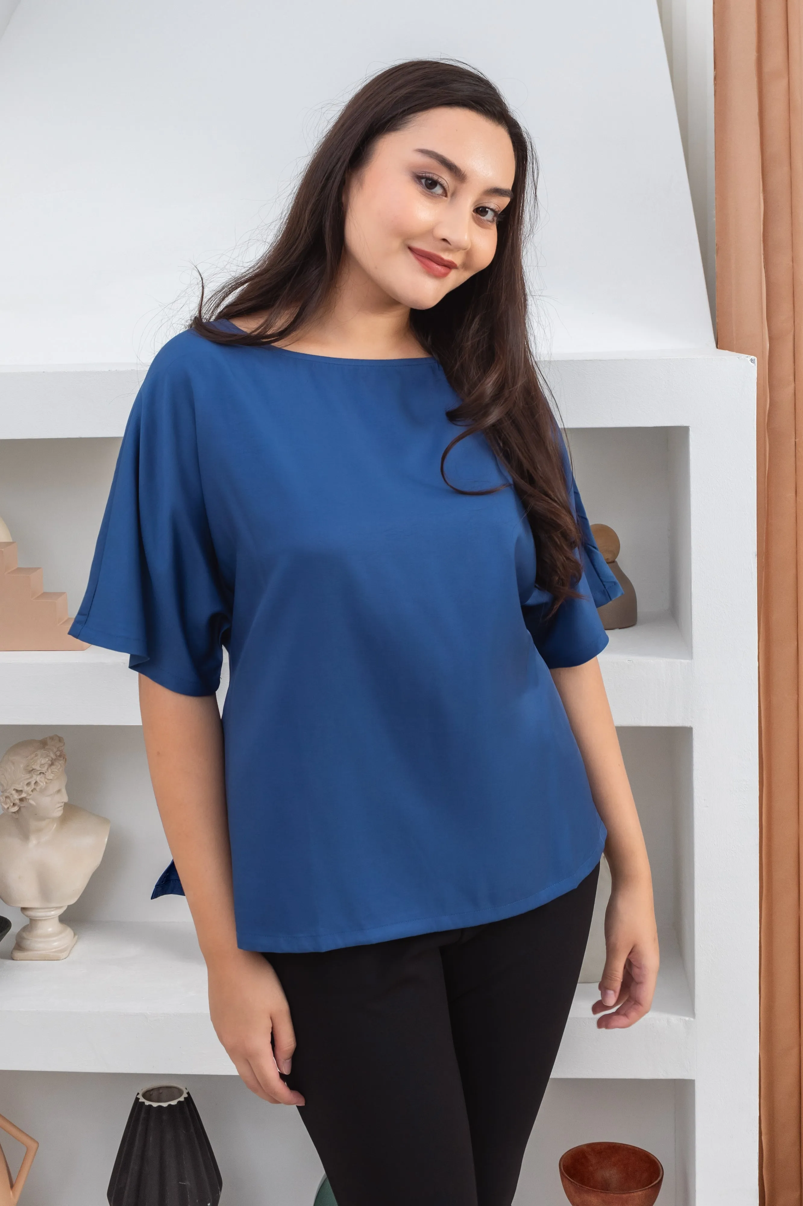 Isla Boat-Neck Flare Sleeve Blouse In Royal Blue