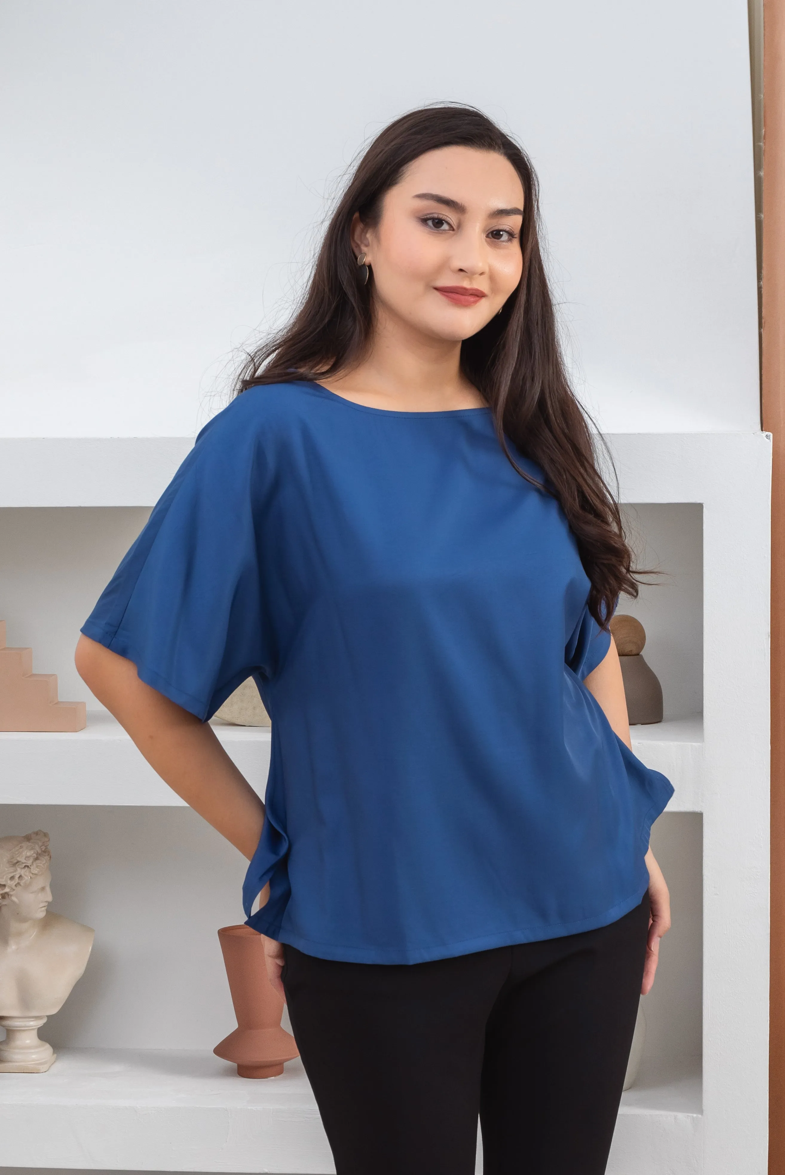 Isla Boat-Neck Flare Sleeve Blouse In Royal Blue