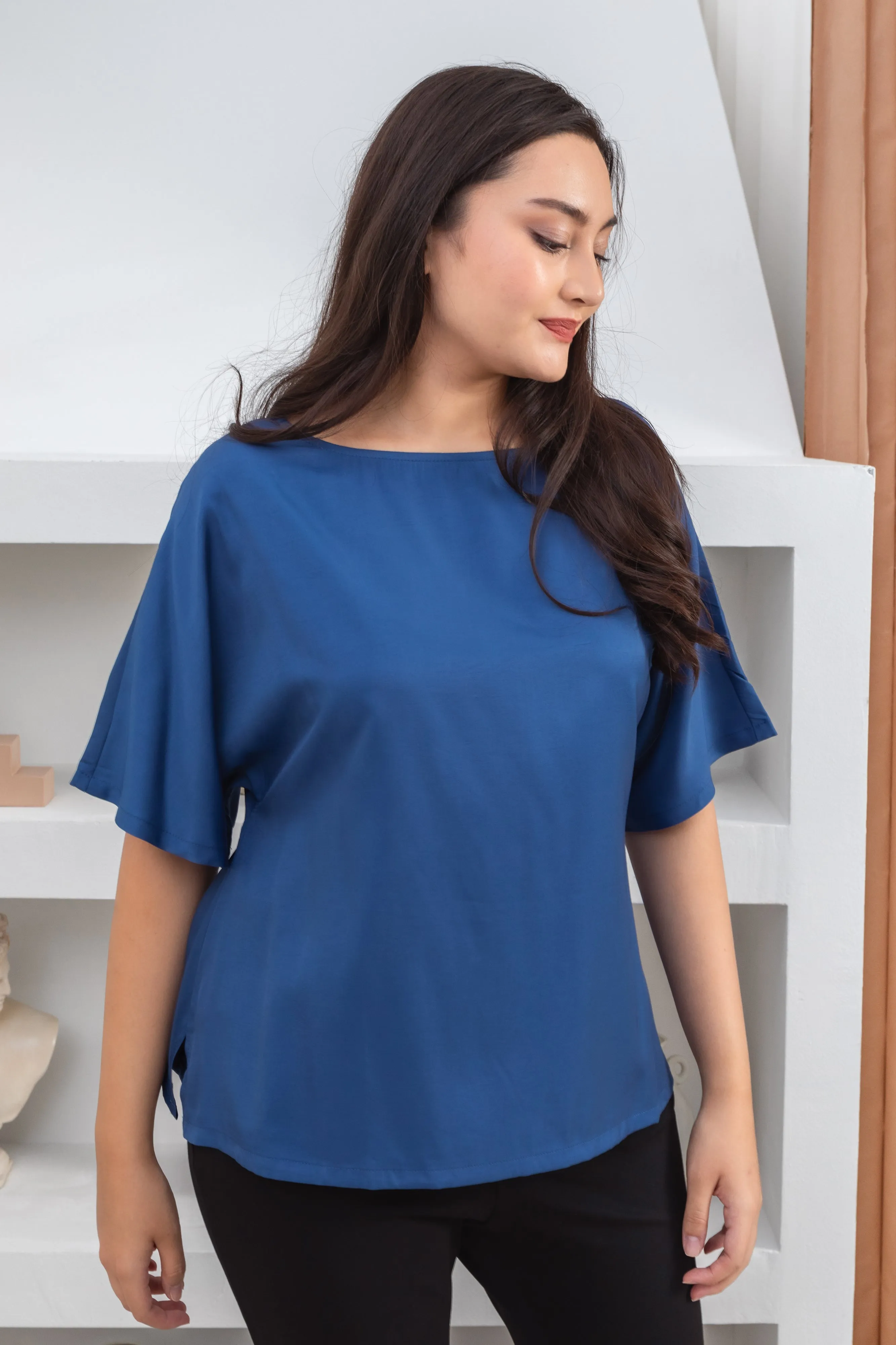 Isla Boat-Neck Flare Sleeve Blouse In Royal Blue