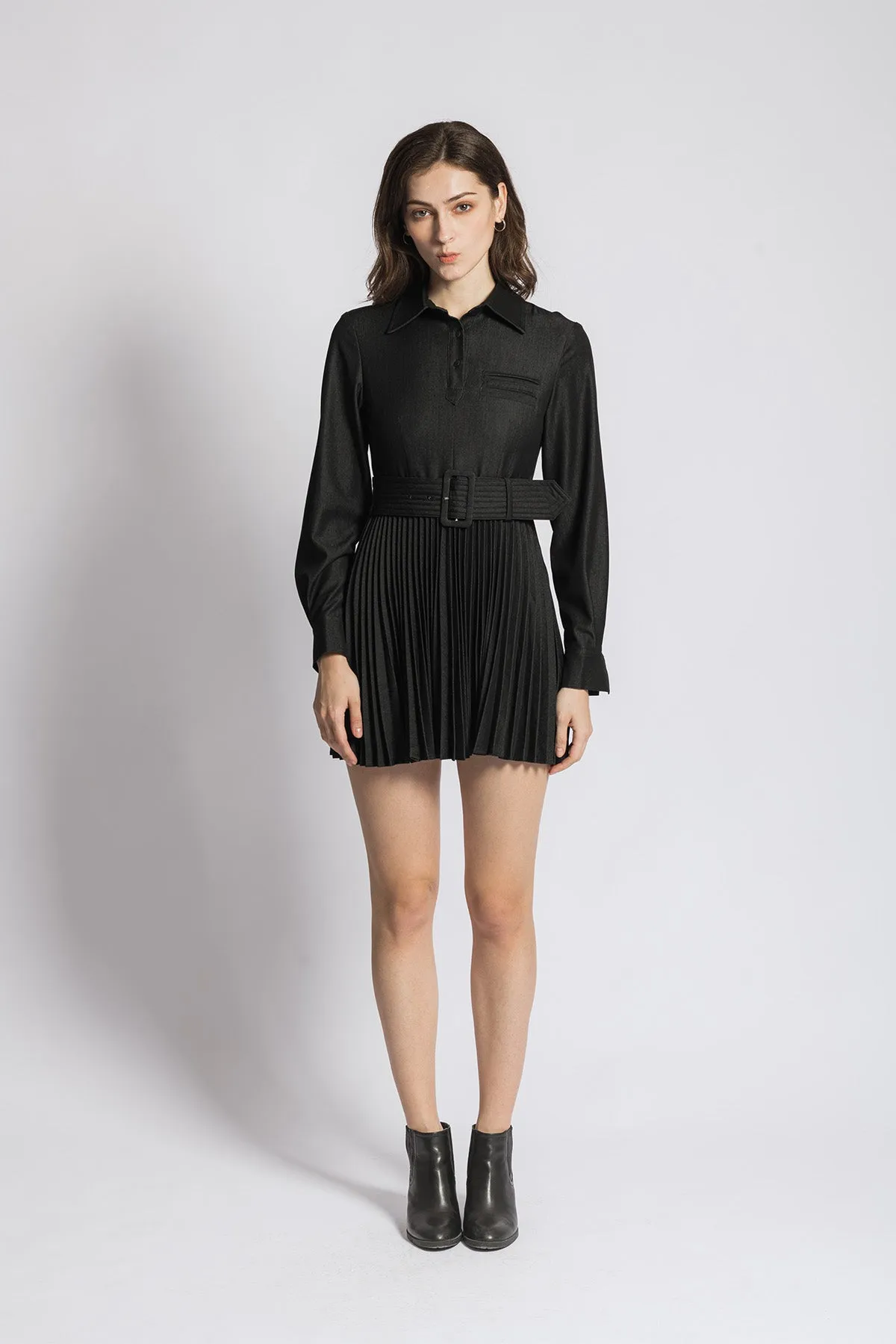 Ivette Belted Pleated Shirt Dress