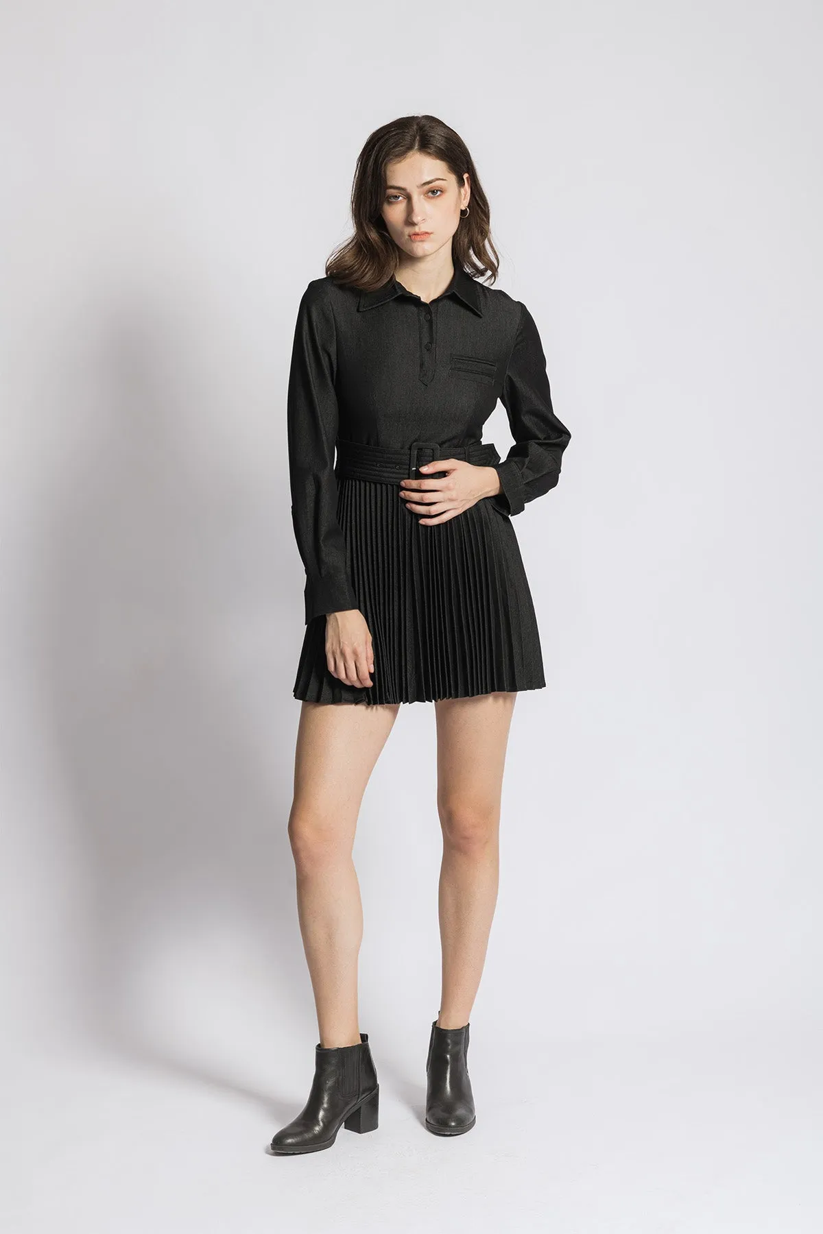 Ivette Belted Pleated Shirt Dress