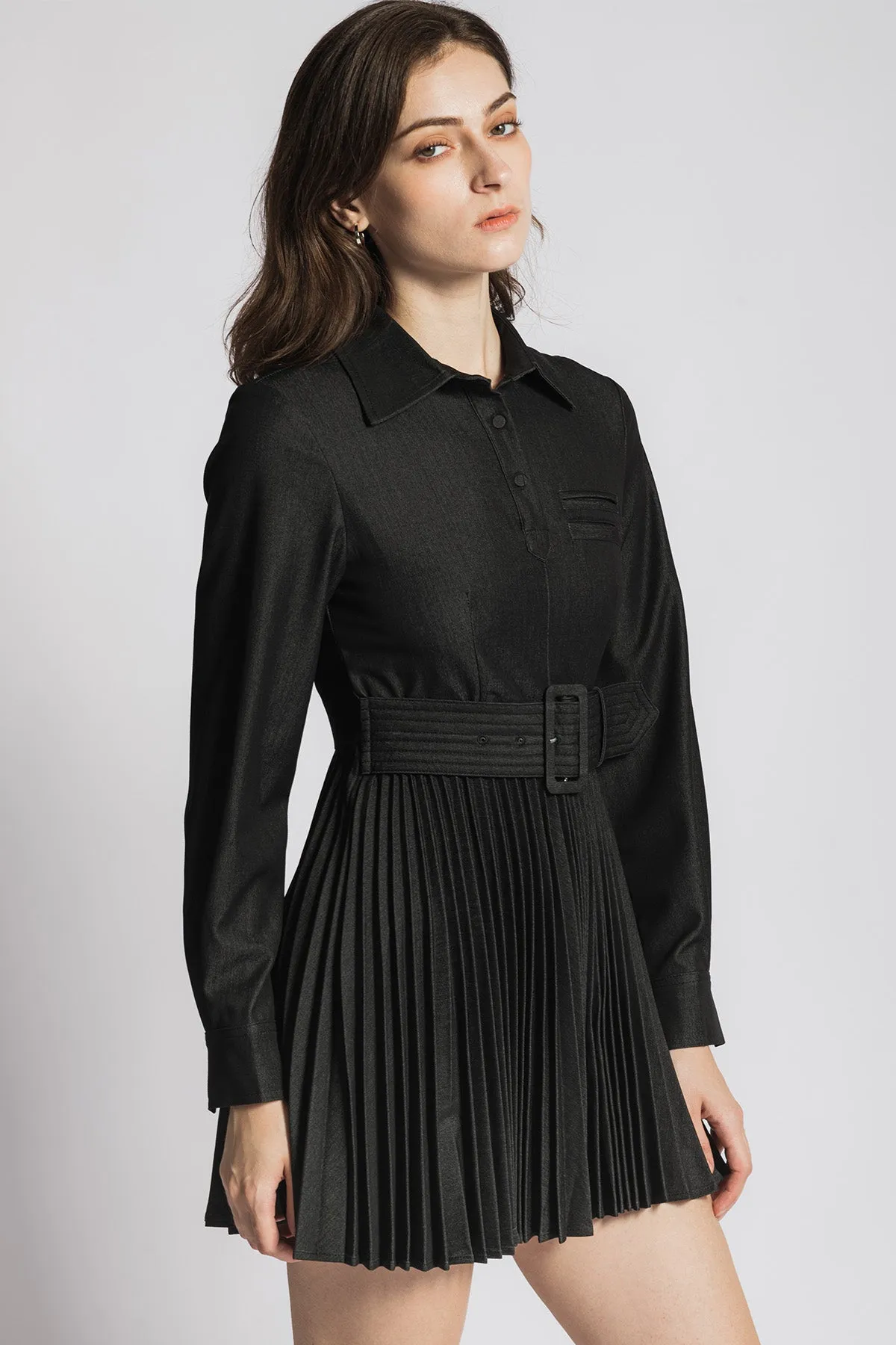 Ivette Belted Pleated Shirt Dress