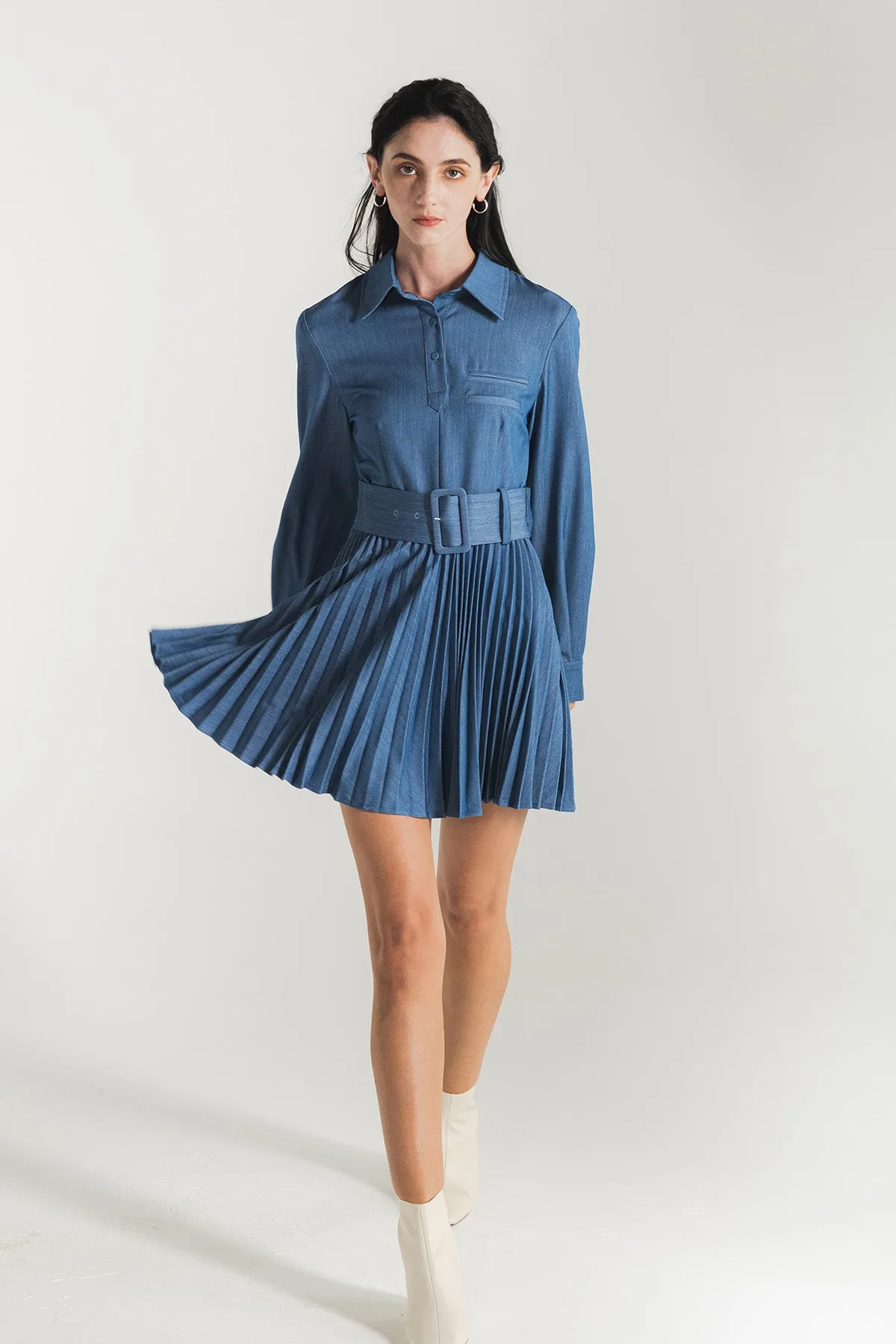 Ivette Belted Pleated Shirt Dress