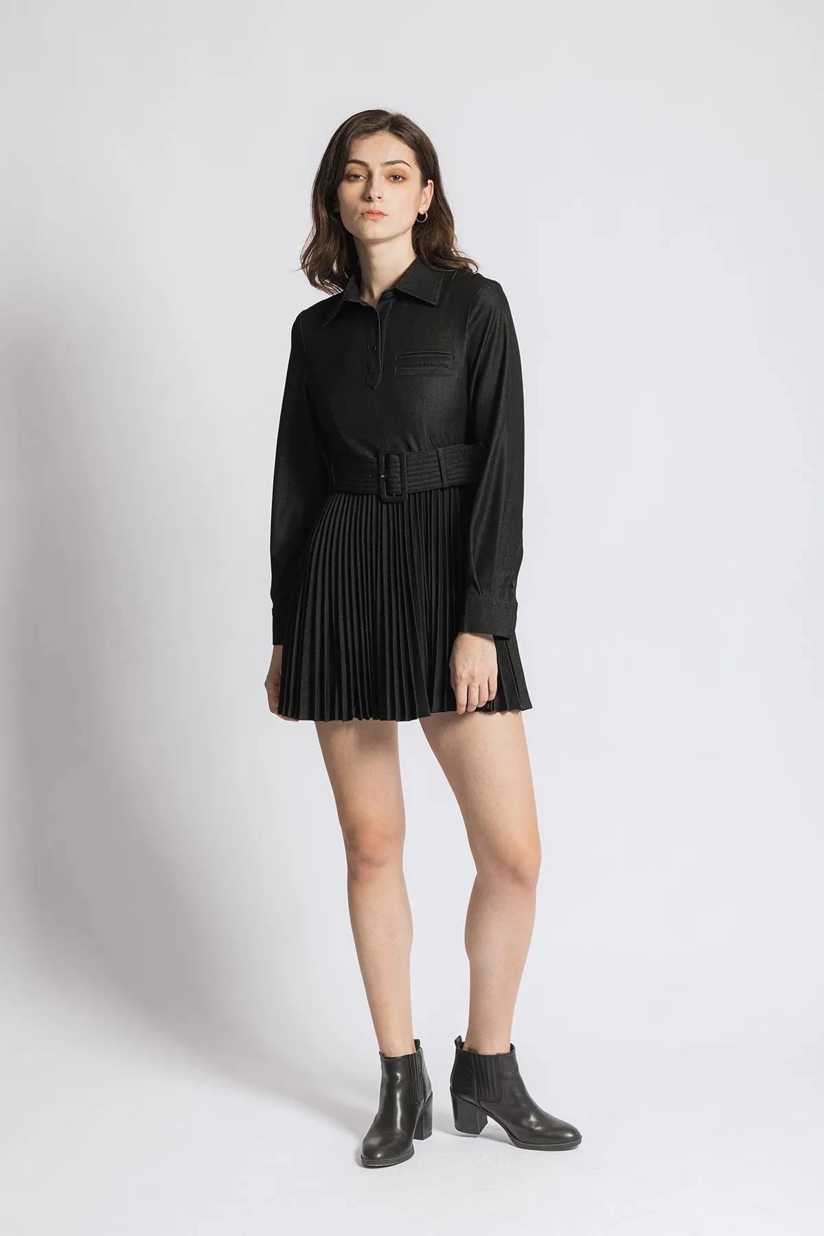 Ivette Belted Pleated Shirt Dress