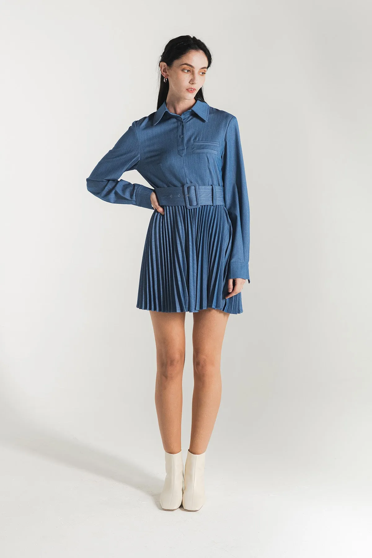 Ivette Belted Pleated Shirt Dress