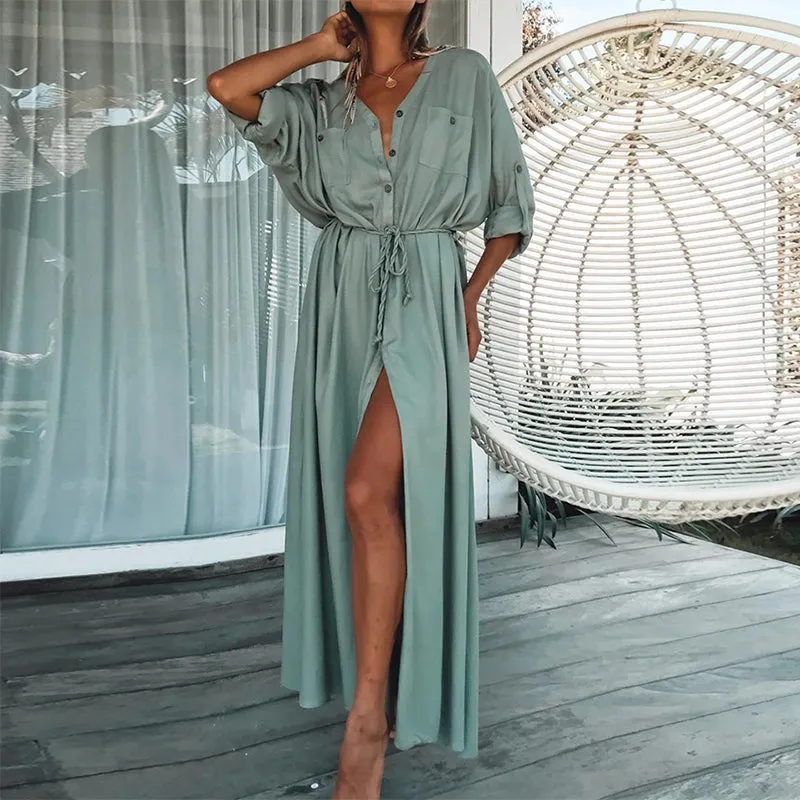 JuliaFashion - 2024 Women Casual V-Neck Long Button-Up Beach Tunic Maxi Sundress