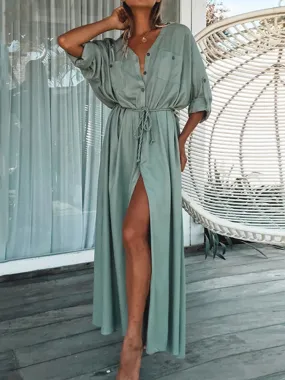 JuliaFashion - 2024 Women Casual V-Neck Long Button-Up Beach Tunic Maxi Sundress