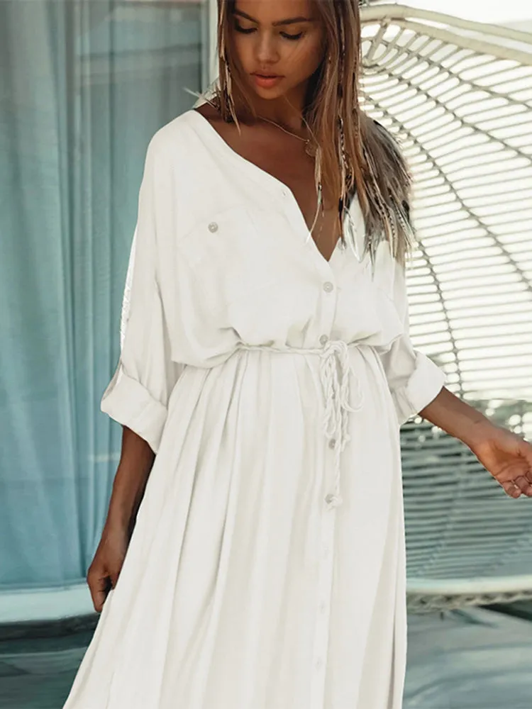 JuliaFashion - 2024 Women Casual V-Neck Long Button-Up Beach Tunic Maxi Sundress