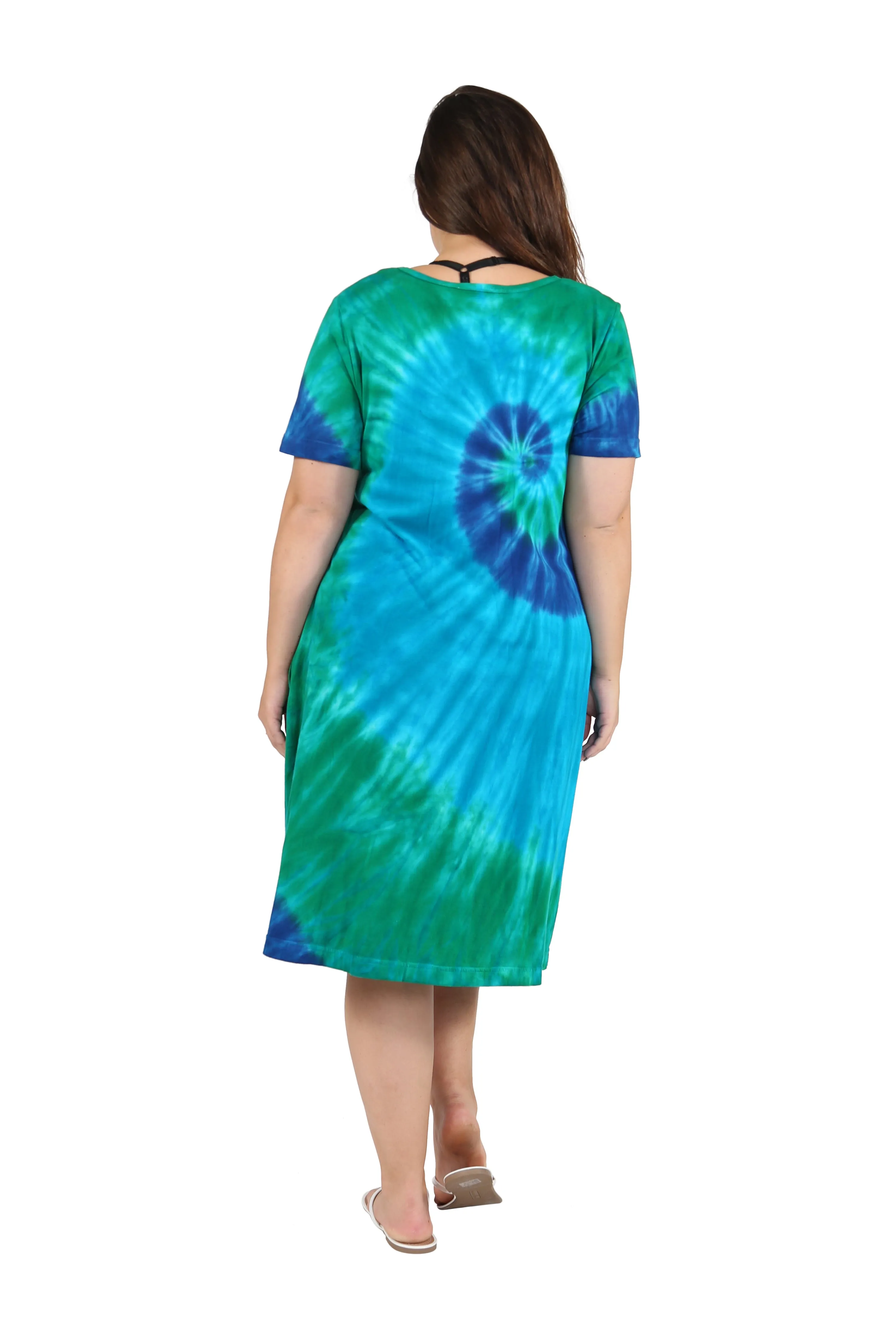 La Cera Cotton Knit Short Sleeve Blue Turquoise Tie-Dye Dress