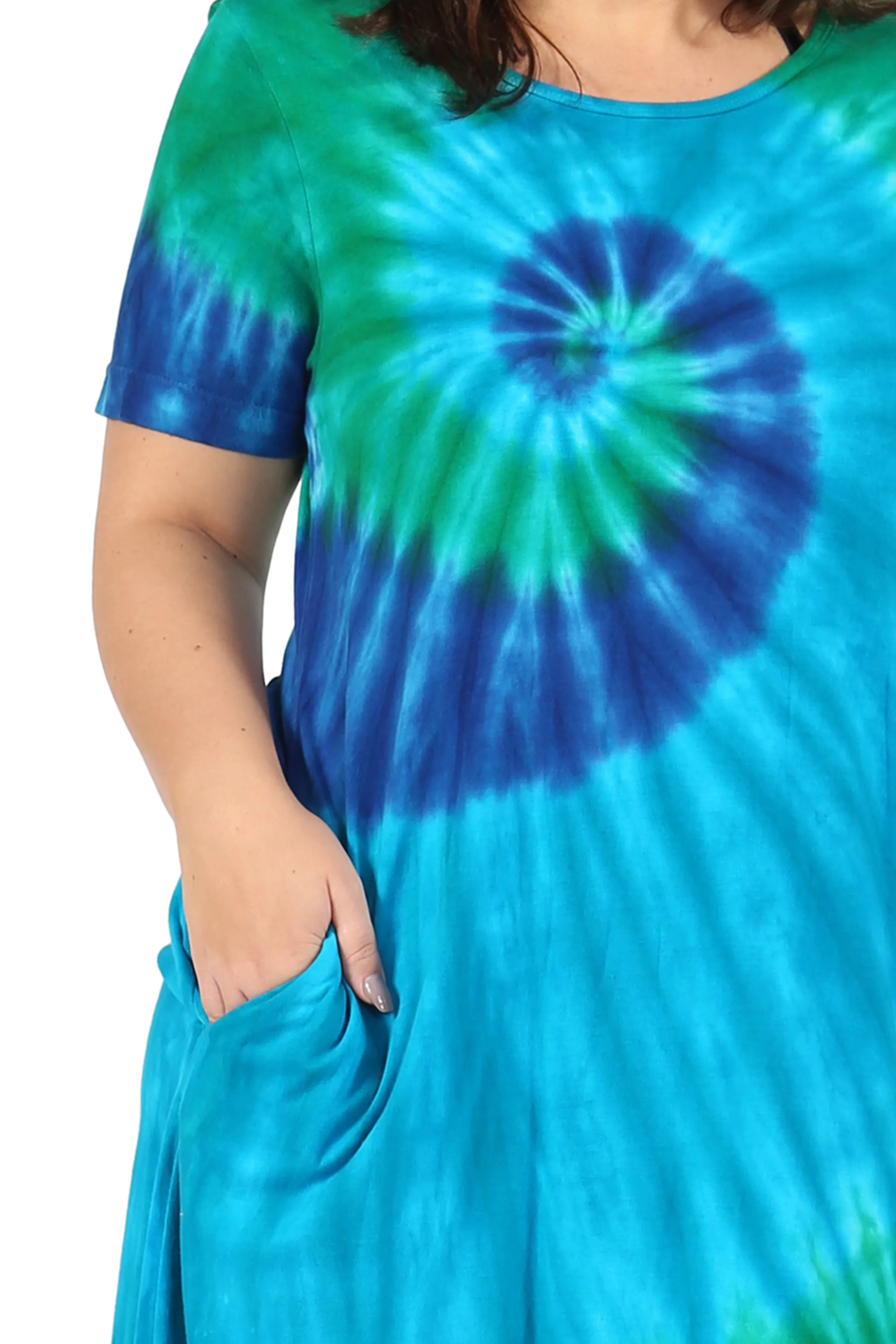 La Cera Cotton Knit Short Sleeve Blue Turquoise Tie-Dye Dress