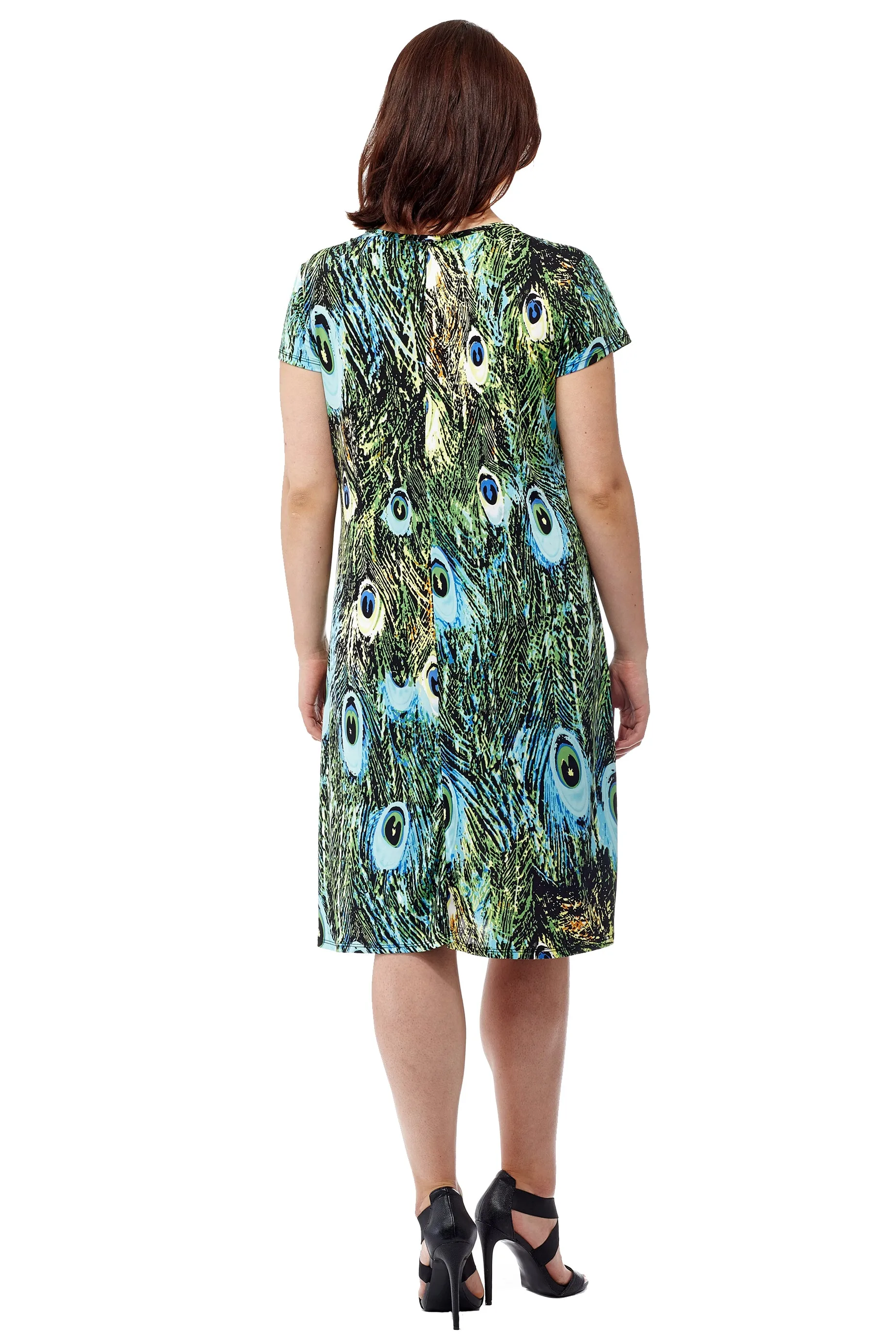 La Cera Peacock Print Short Sleeve Dress