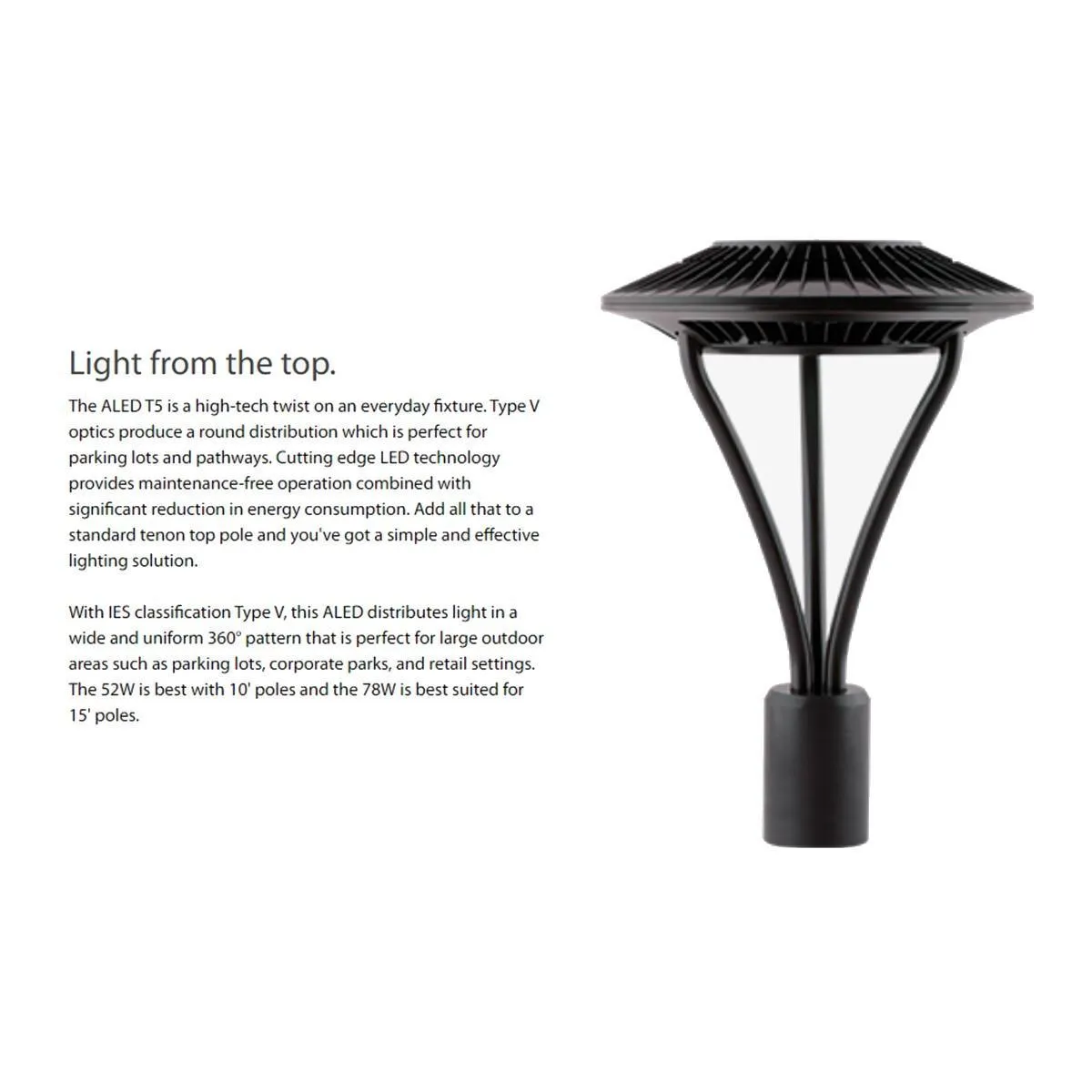 LED Post Top Light, 78 Watts, 9500 Lumens, 5000K, 120-277V