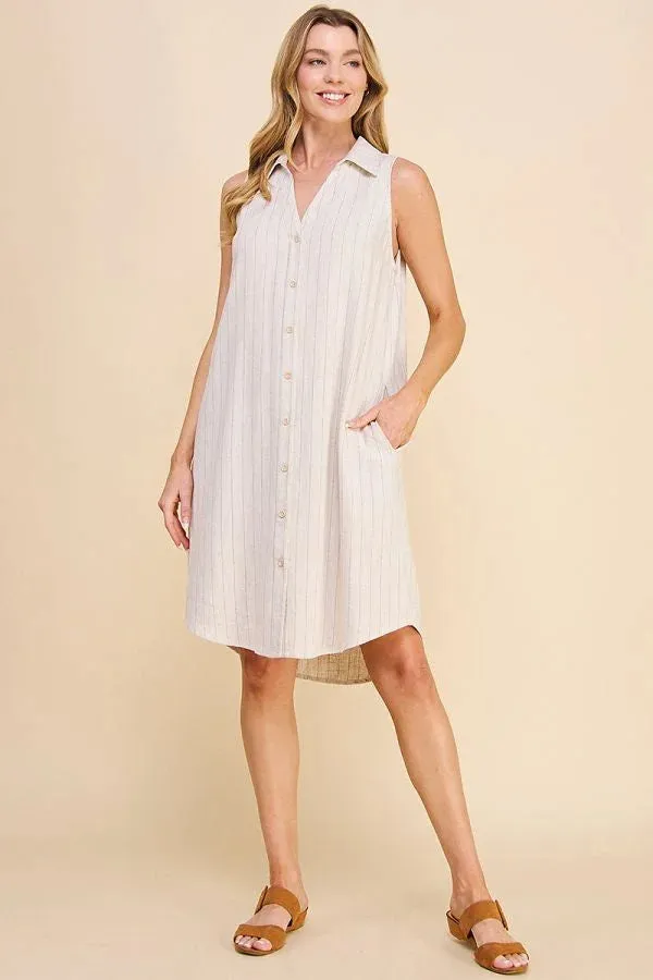 LINEN BLEND PINSTRIPE SHIRT DRESS