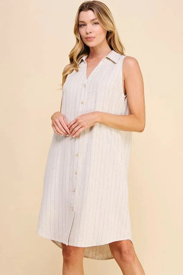 LINEN BLEND PINSTRIPE SHIRT DRESS