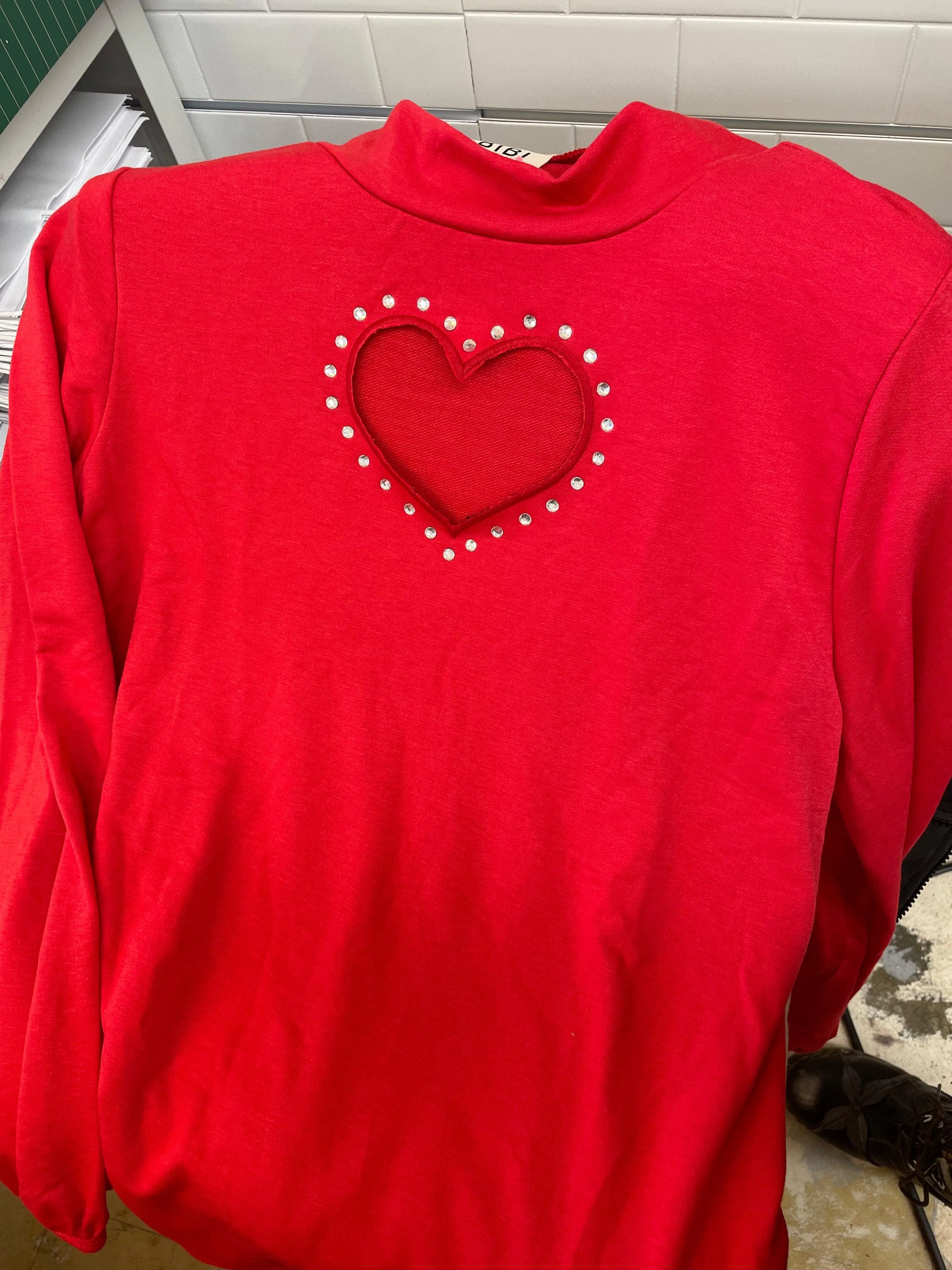 Long sleeve Terry Knit Top with Embellished Cut out Heart in Red