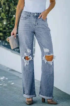 Loose Straight Leg High Waist Distressed Jeans