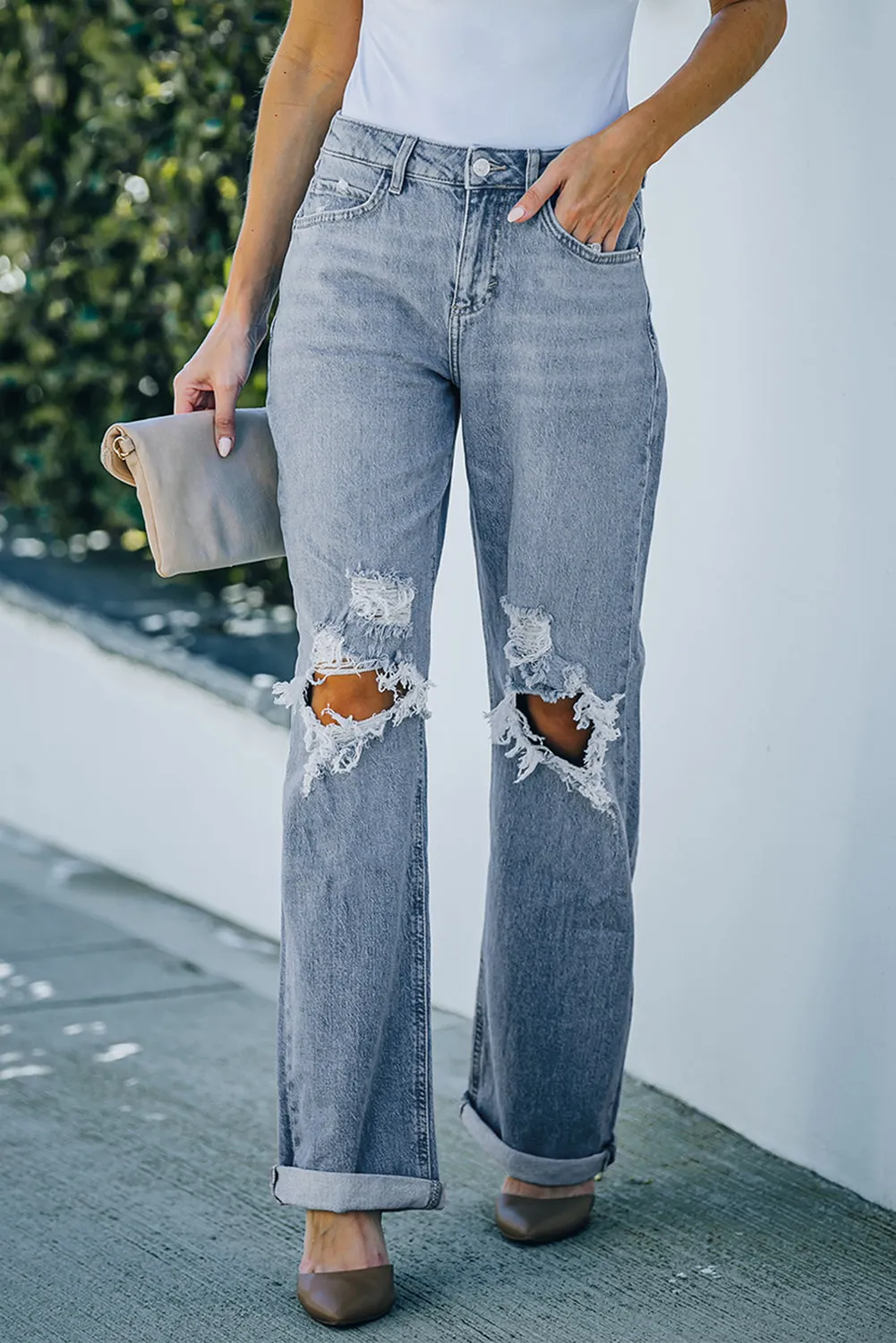 Loose Straight Leg High Waist Distressed Jeans