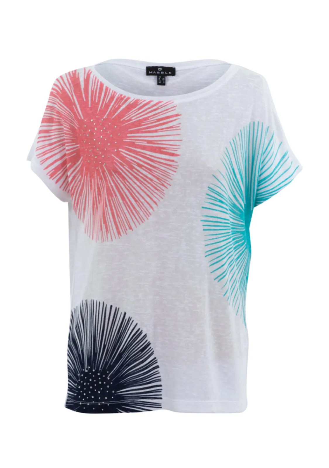 Marble 7381 Fine Knit Scoop Neck Watermelon,Aqua And Navy Sunburst Design Top