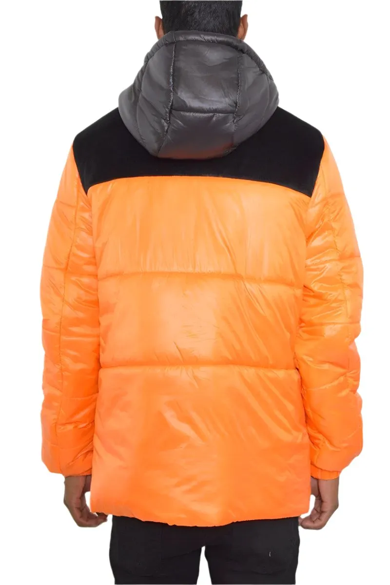 Mens Orange And Black Quarter Suede Puffer Down Jacket