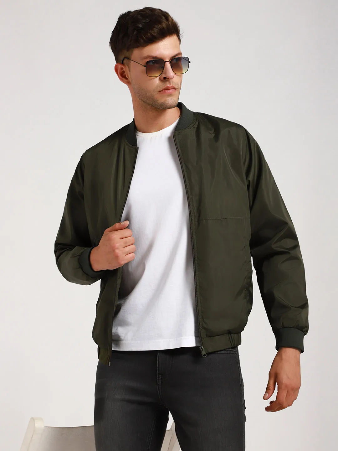 Men's Rib Collar Regular Fit Solid Green Bomber Jacket