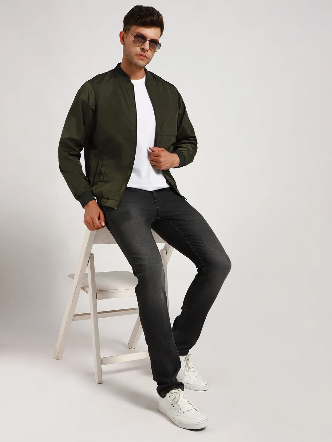 Men's Rib Collar Regular Fit Solid Green Bomber Jacket