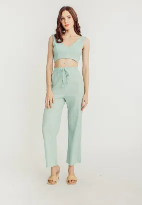 Misty Green V Neck Sleeveless Crop Top Elastic Waist Straight Cut Culottes Set