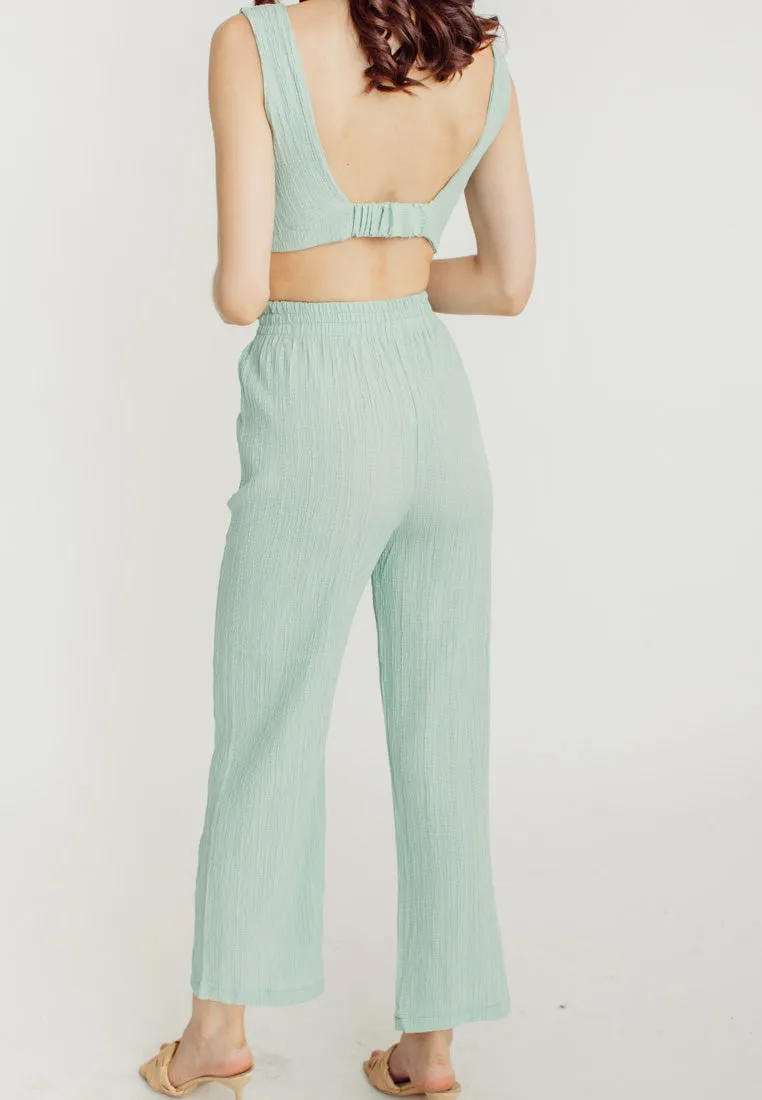 Misty Green V Neck Sleeveless Crop Top Elastic Waist Straight Cut Culottes Set